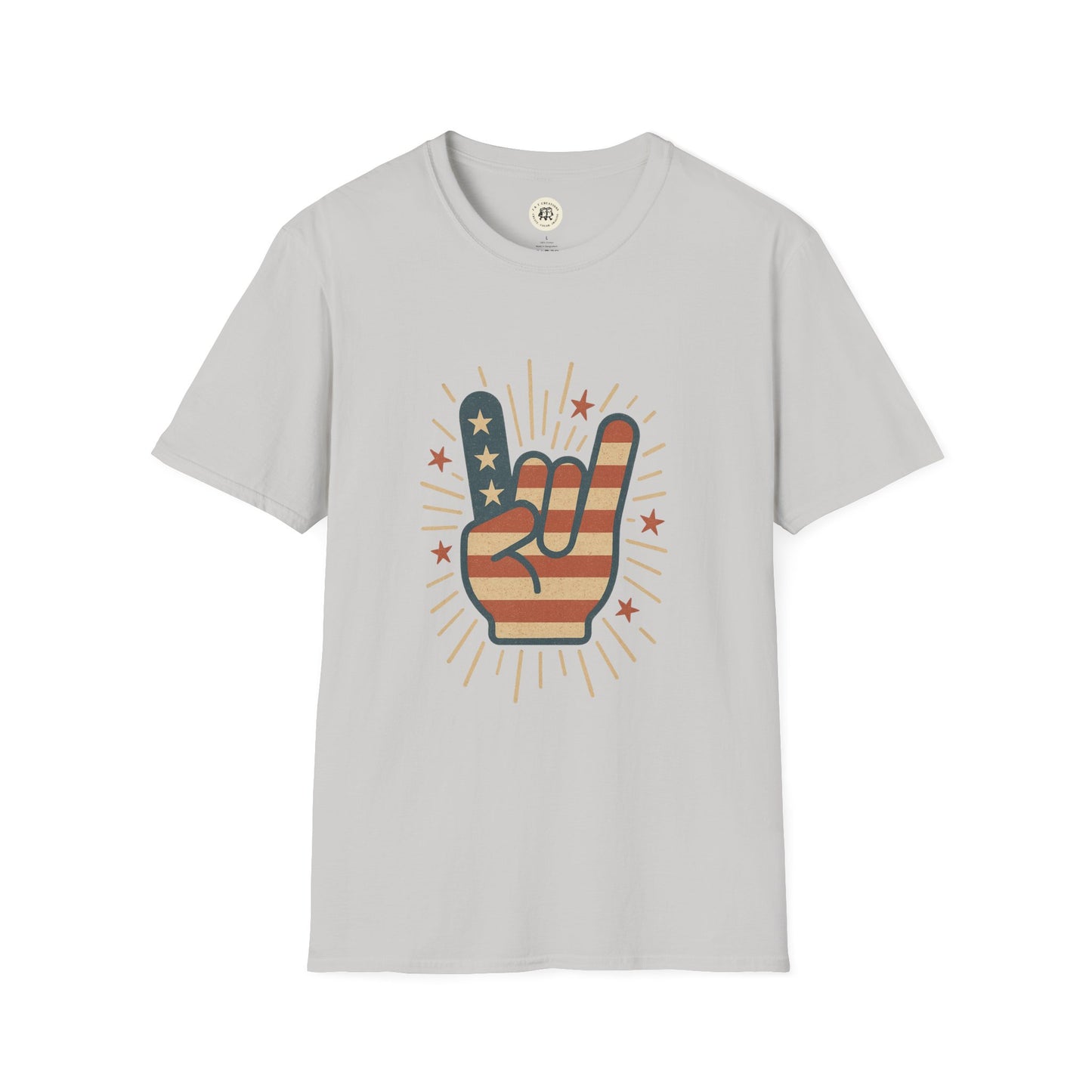 Light gray patriotic rock t-shirt with American flag hand sign and stars graphic