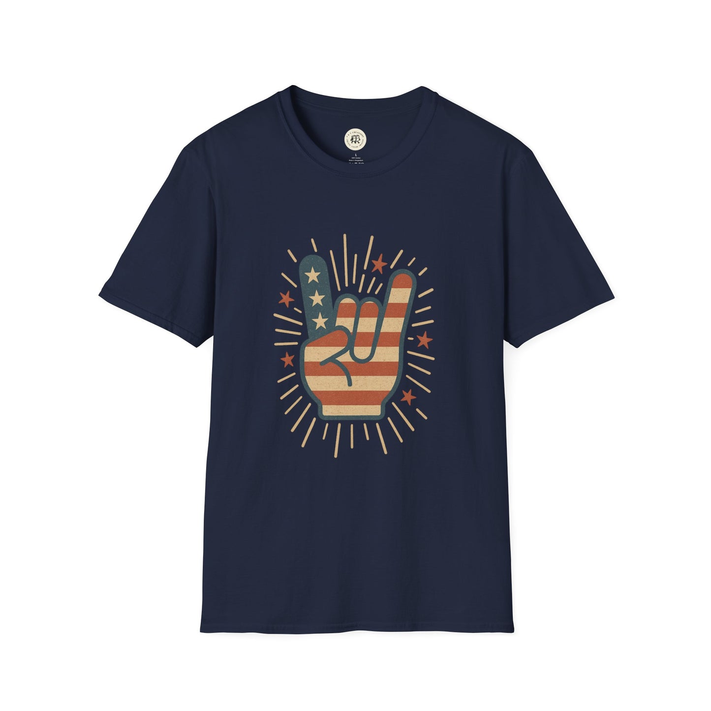 Printify navy t-shirt featuring a hand making rock sign with American flag design patriotic rock t-shirt