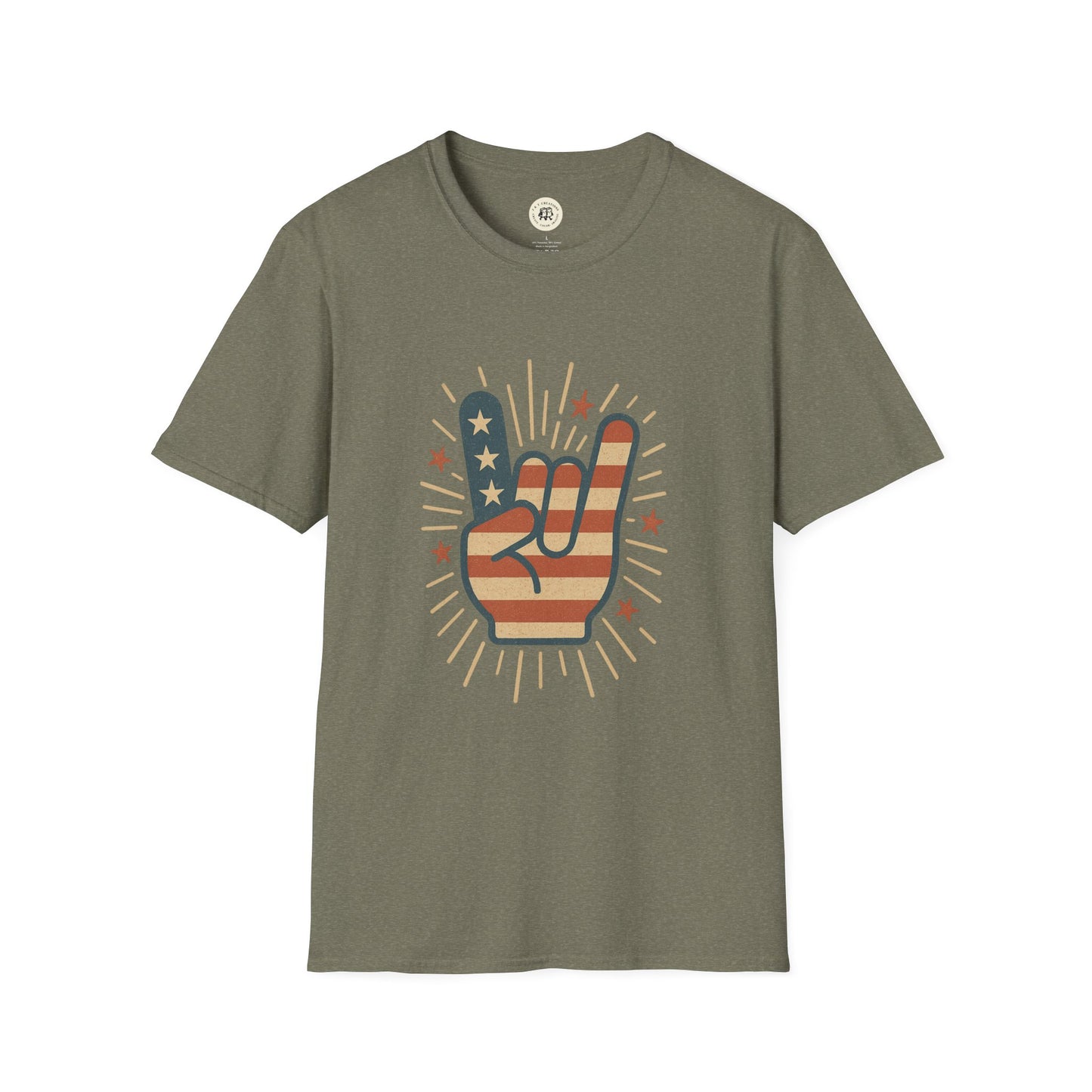 Printify patriotic rock t-shirt with American flag hand symbol on olive green fabric