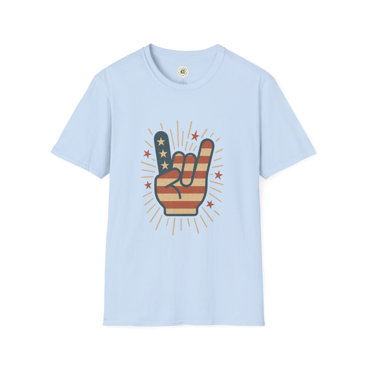 Light blue Printify t-shirt featuring a patriotic rock t-shirt design with American flag hand gesture