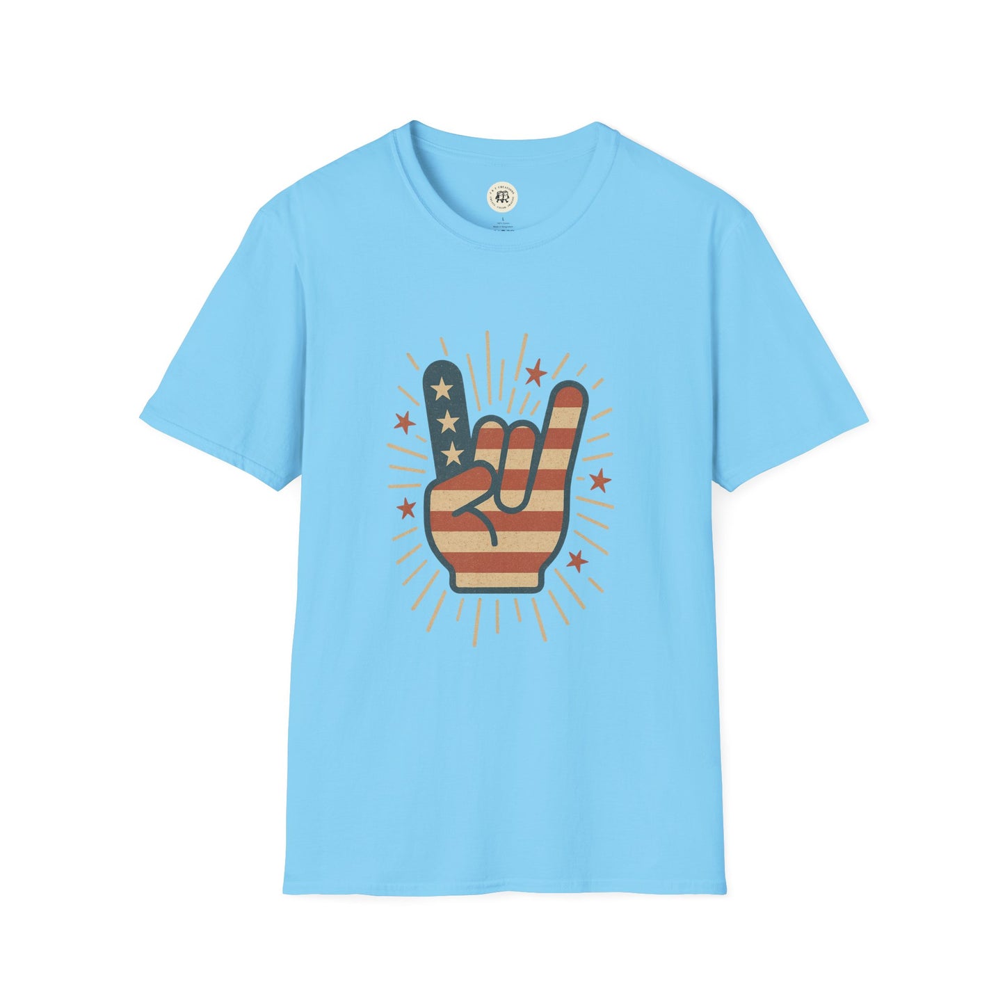 Light blue Printify patriotic rock t-shirt with American flag hand rock sign graphic