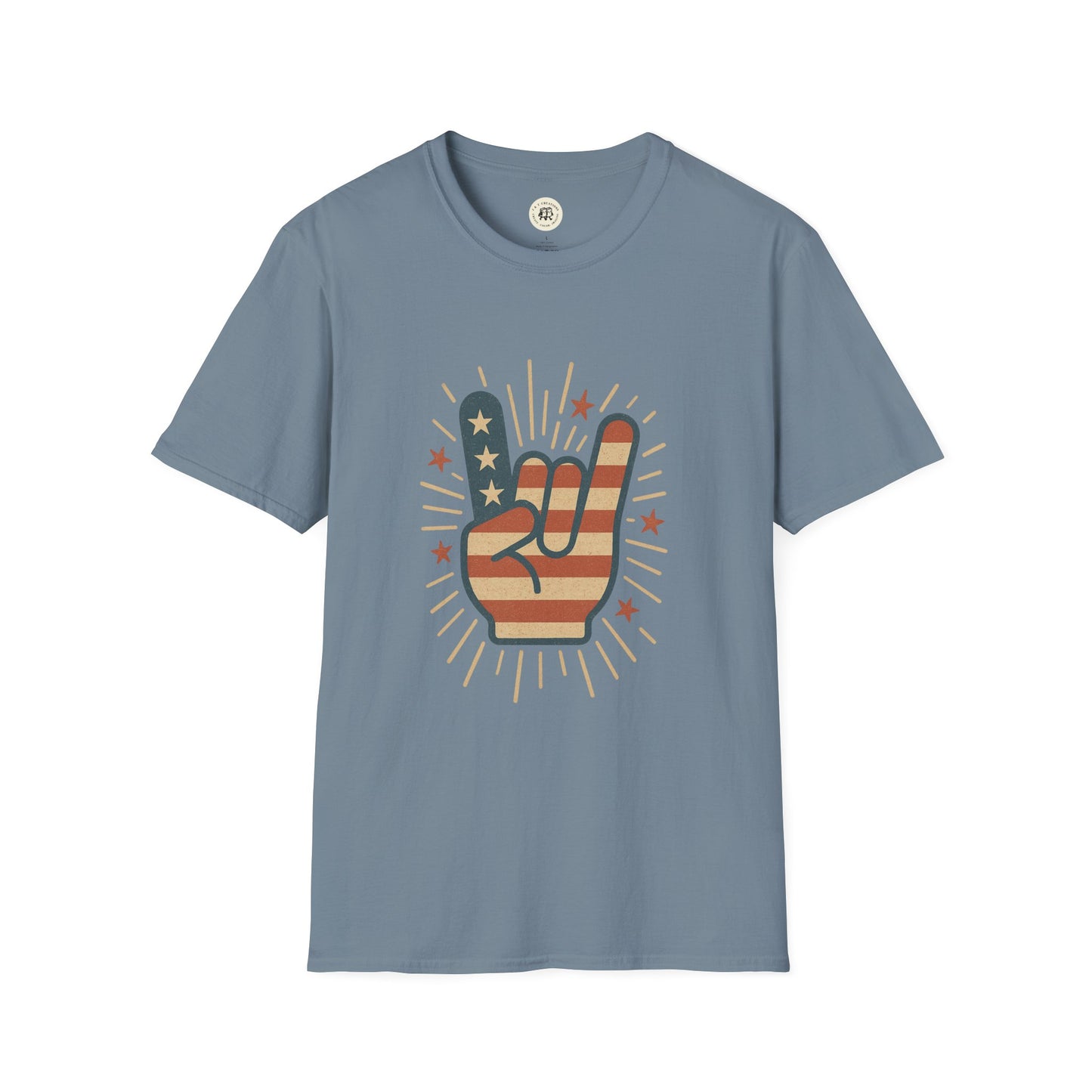 Printify patriotic rock t-shirt featuring a hand making rock sign with American flag design on blue fabric