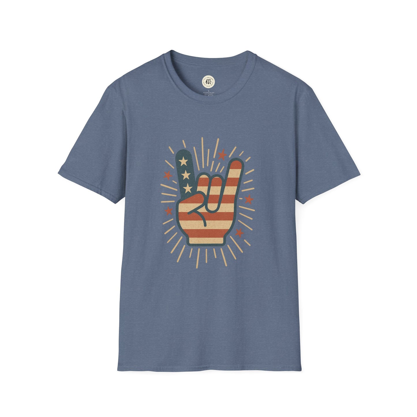 Printify patriotic rock t-shirt with American flag hand sign on blue short sleeve cotton tee