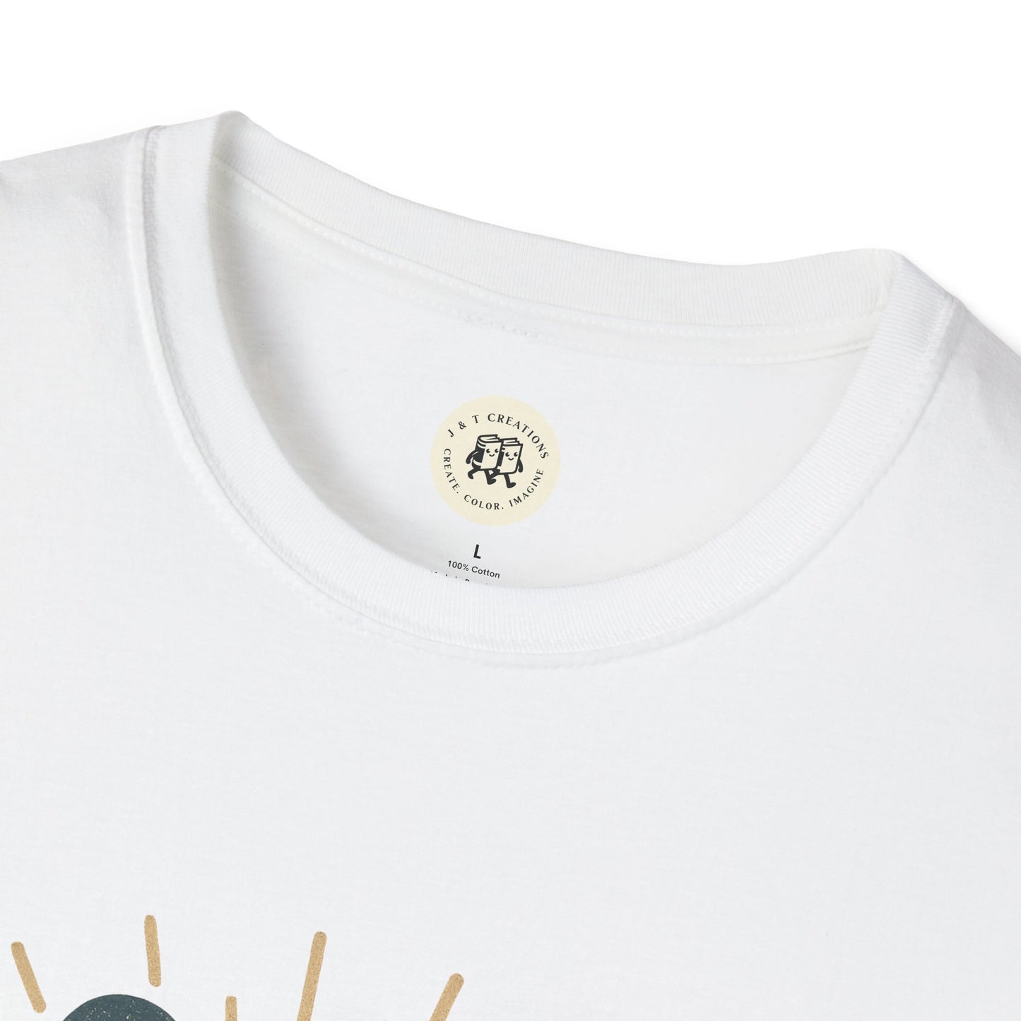 White Printify patriotic rock t-shirt featuring a close-up of the collar and part of the graphic design
