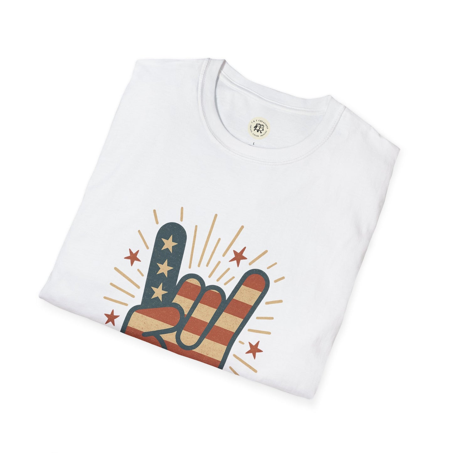 Printify white patriotic rock t-shirt with American flag hand gesture graphic