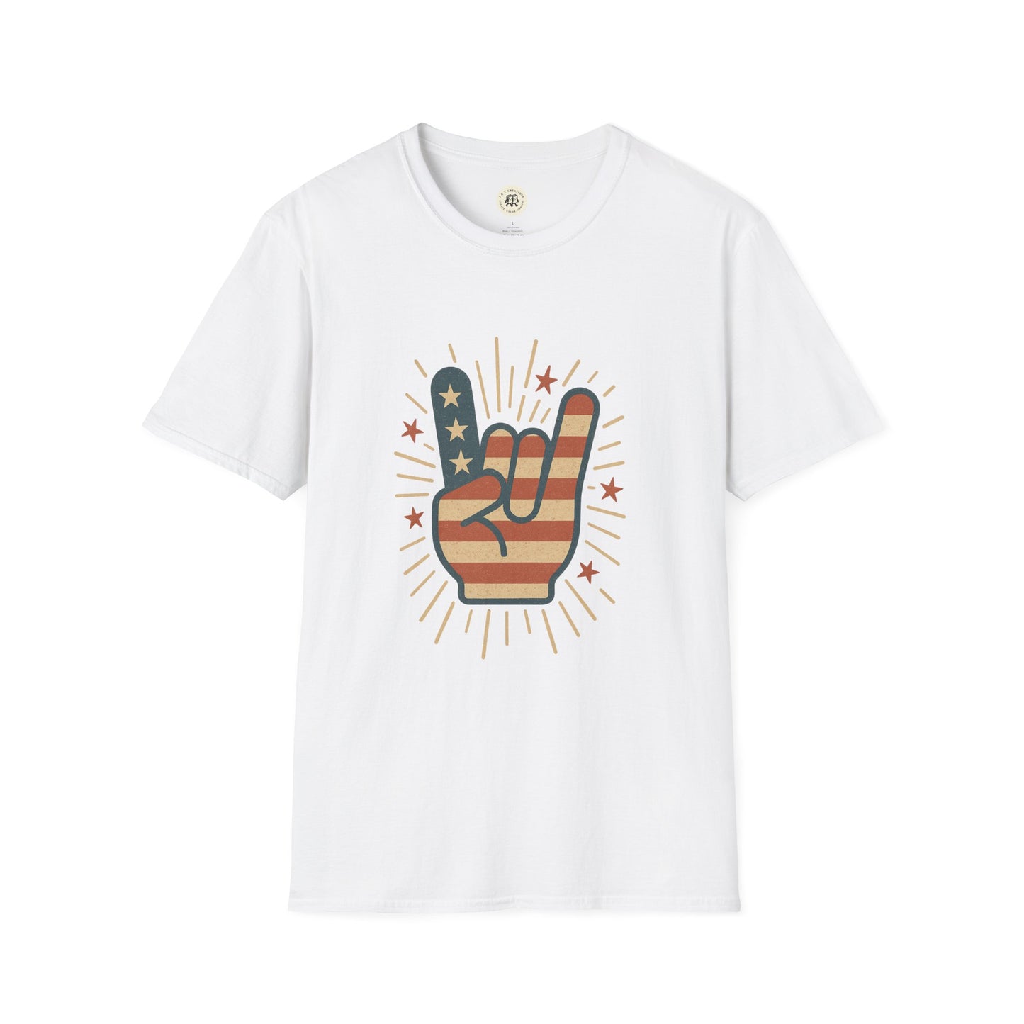 White patriotic rock t-shirt featuring a hand making the rock sign with American flag design and stars