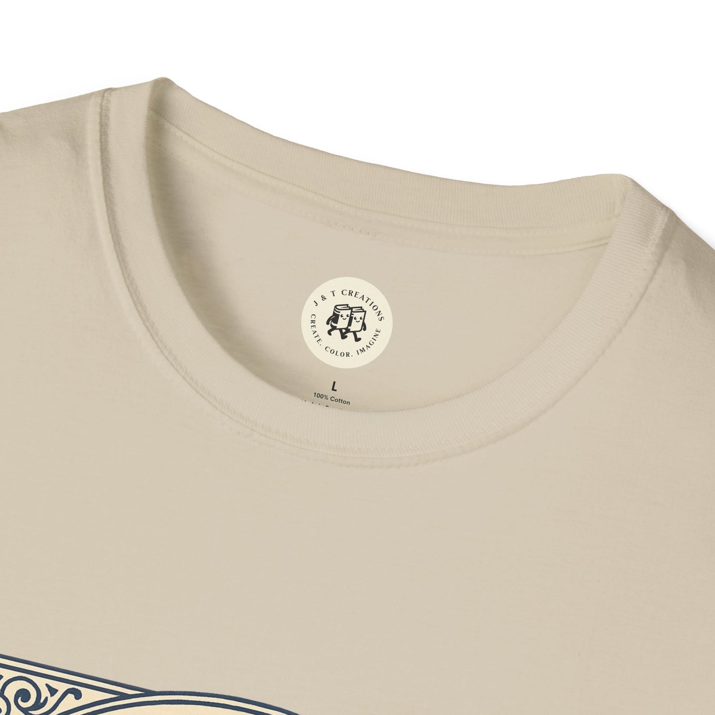 Printify beige patriotic unisex t-shirt close-up showing round neckline and label inside collar