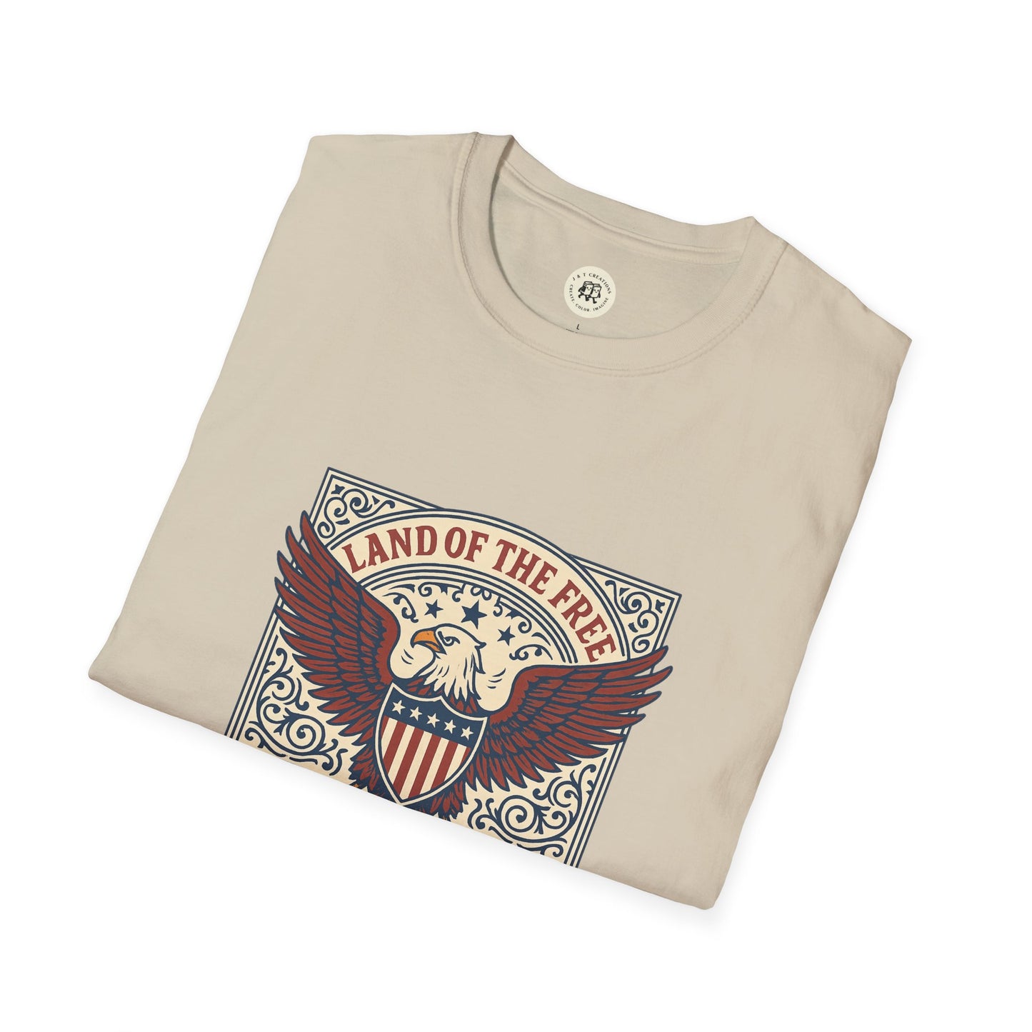 Beige patriotic unisex t-shirt by Printify featuring eagle and Land of the Free design