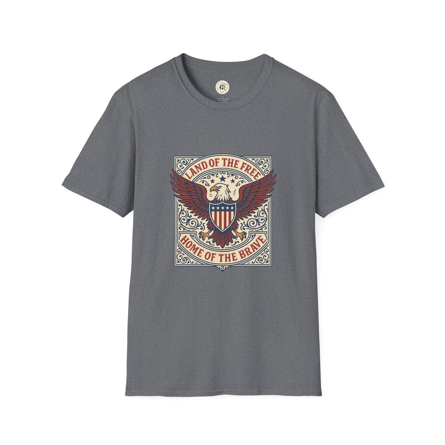 Printify patriotic unisex t-shirt in gray with eagle and shield design and Land of the Free text