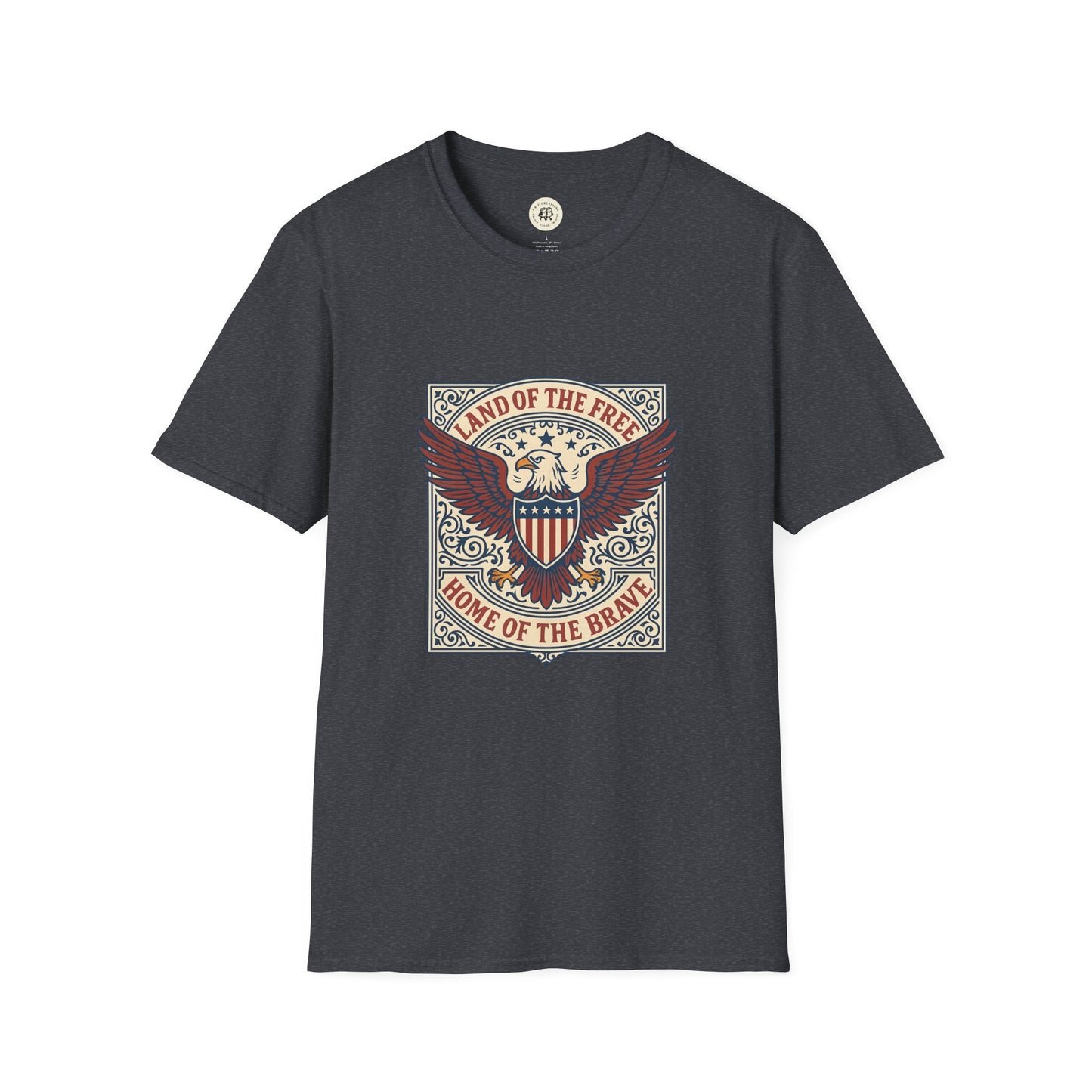 Printify patriotic unisex t-shirt with eagle and shield graphic and land of the free home of the brave text