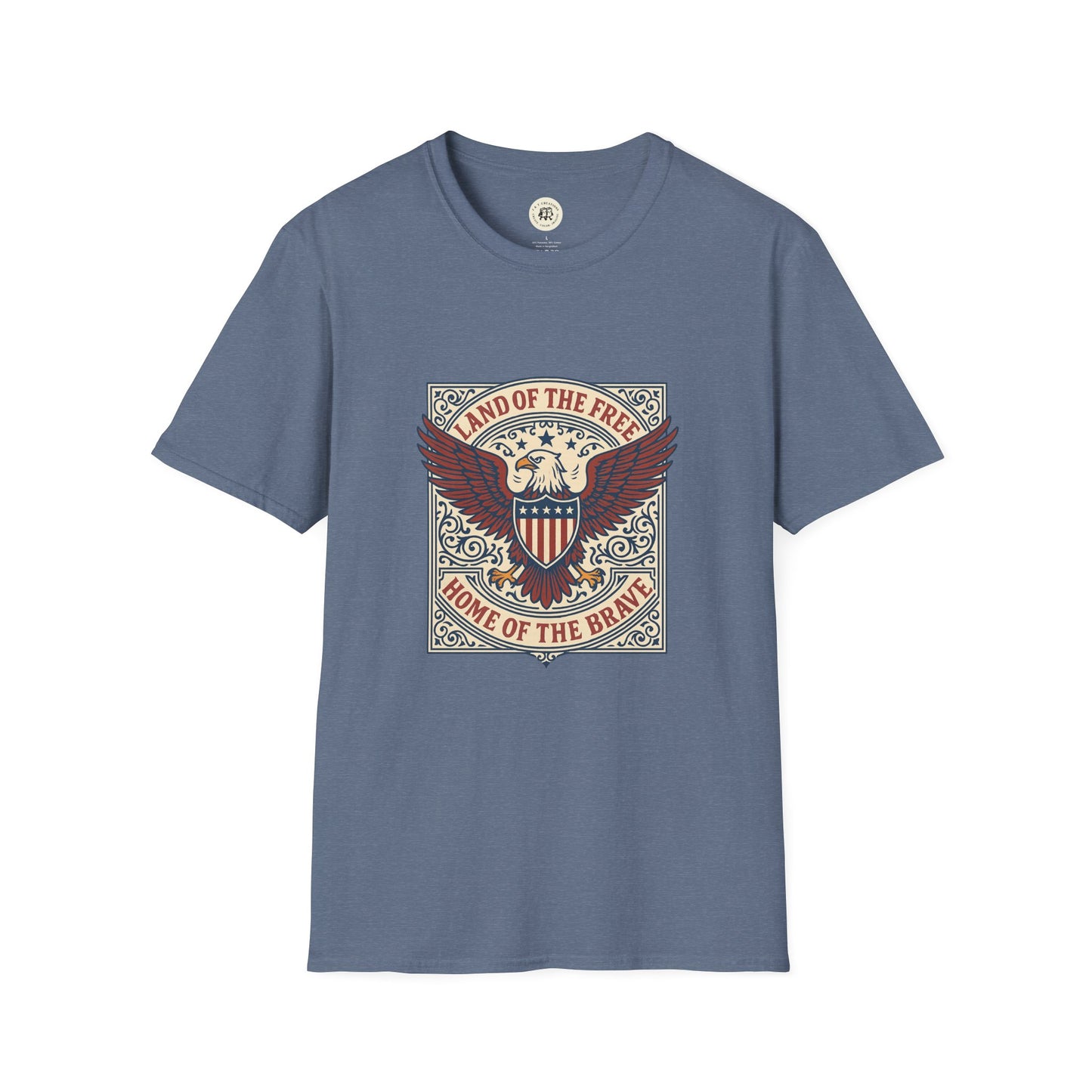 Printify patriotic unisex t-shirt with eagle and shield graphic and Land of the Free Home of the Brave text