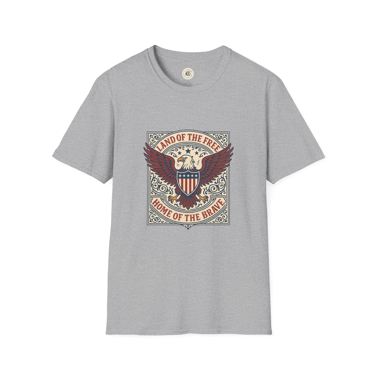 Printify patriotic unisex t-shirt with eagle emblem and Land of the Free Home of the Brave design on gray fabric