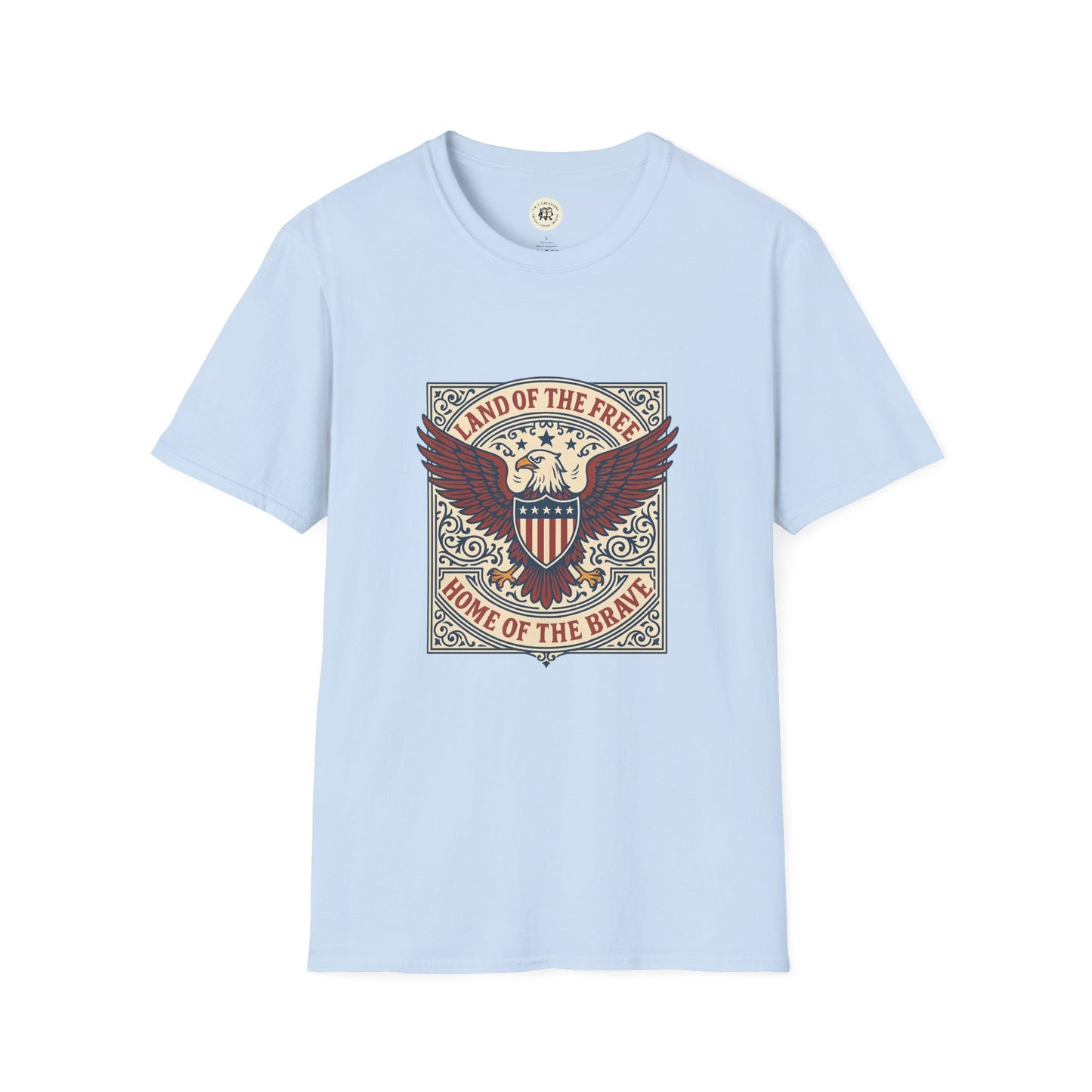 Light blue patriotic unisex t-shirt by Printify featuring eagle and shield design with Land of the Free text