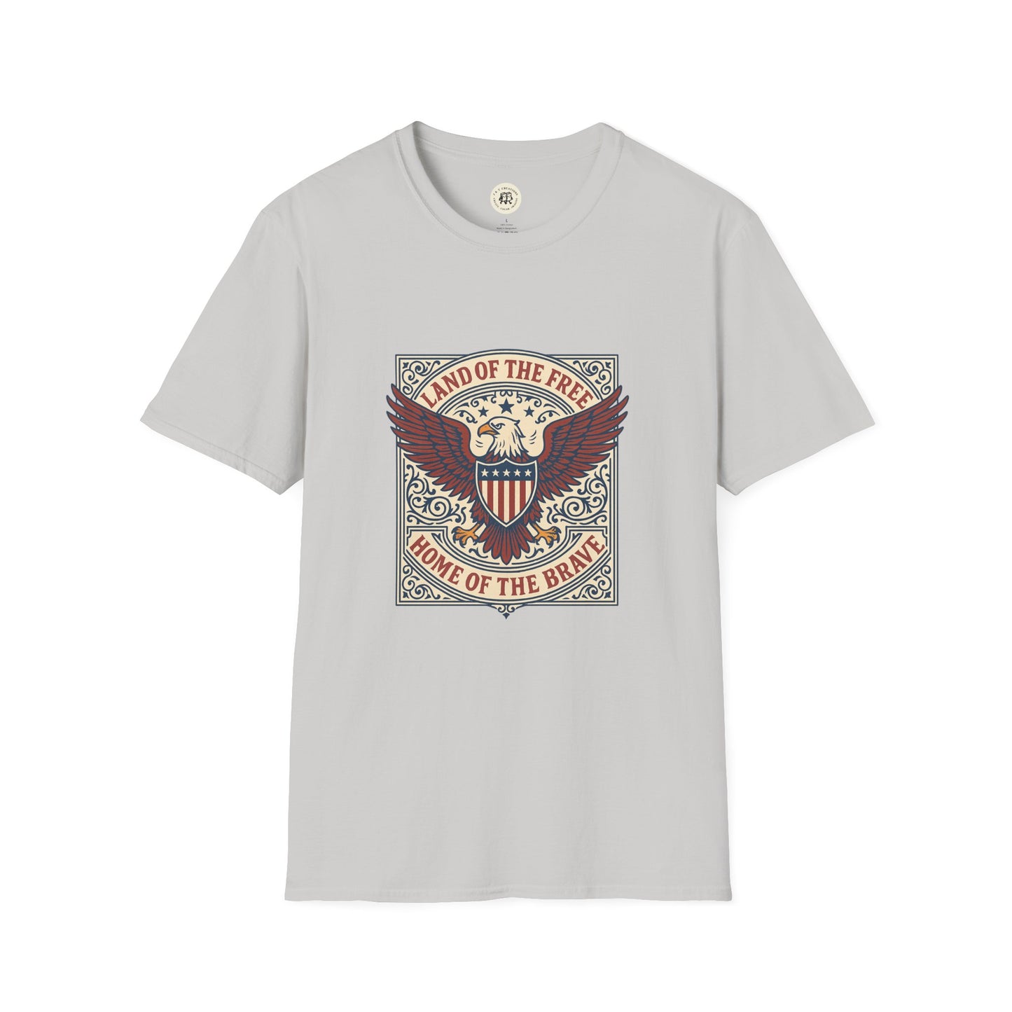Printify patriotic unisex t-shirt with eagle and shield graphic saying Land of the Free Home of the Brave