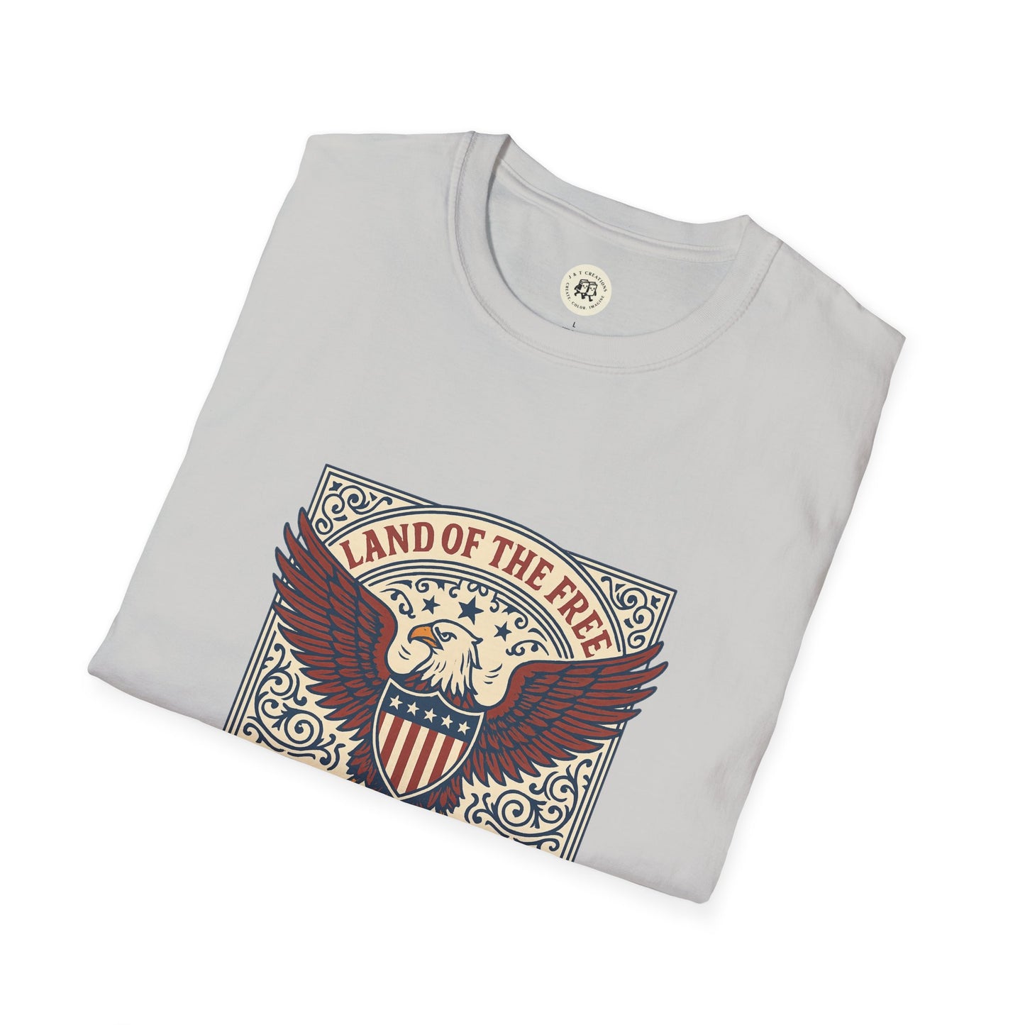 Printify patriotic unisex t-shirt with Land of the Free eagle design in red white and blue