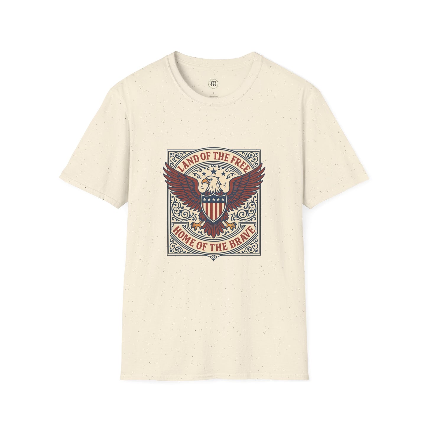 Printify patriotic unisex t-shirt with eagle and shield graphic and Land of the Free text