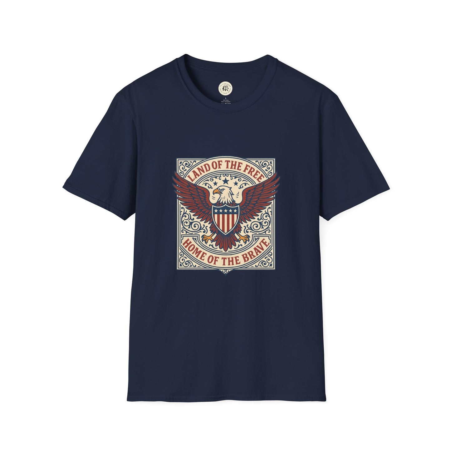 Printify patriotic unisex t-shirt in navy blue with eagle and shield graphic and Land of the Free text