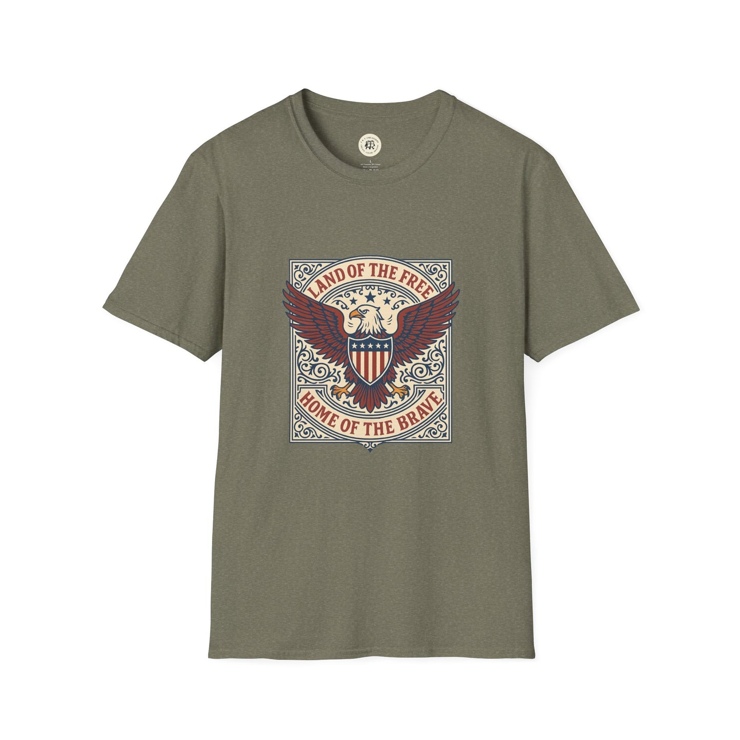 Printify patriotic unisex t-shirt with eagle and shield graphic saying Land of the Free