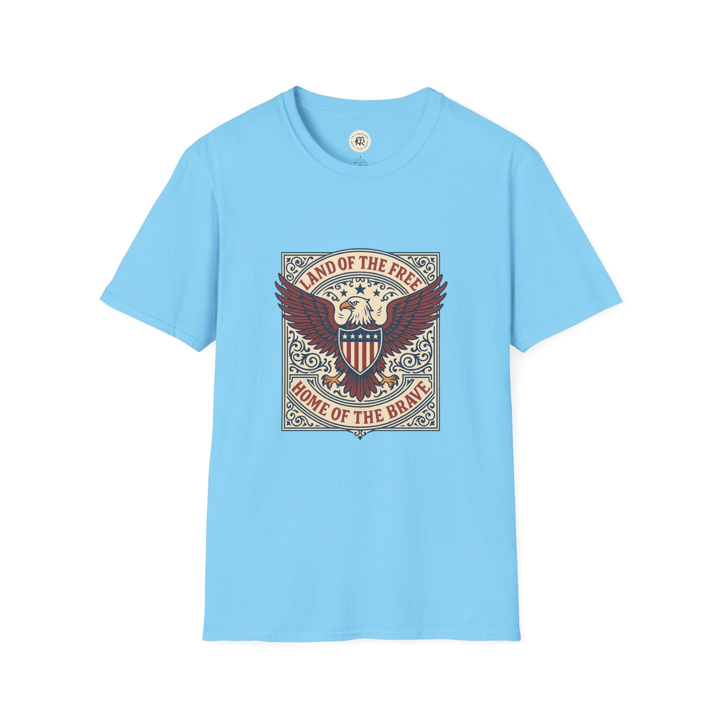 Printify patriotic unisex t-shirt in light blue with eagle and shield design saying Land of the Free Home of the Brave