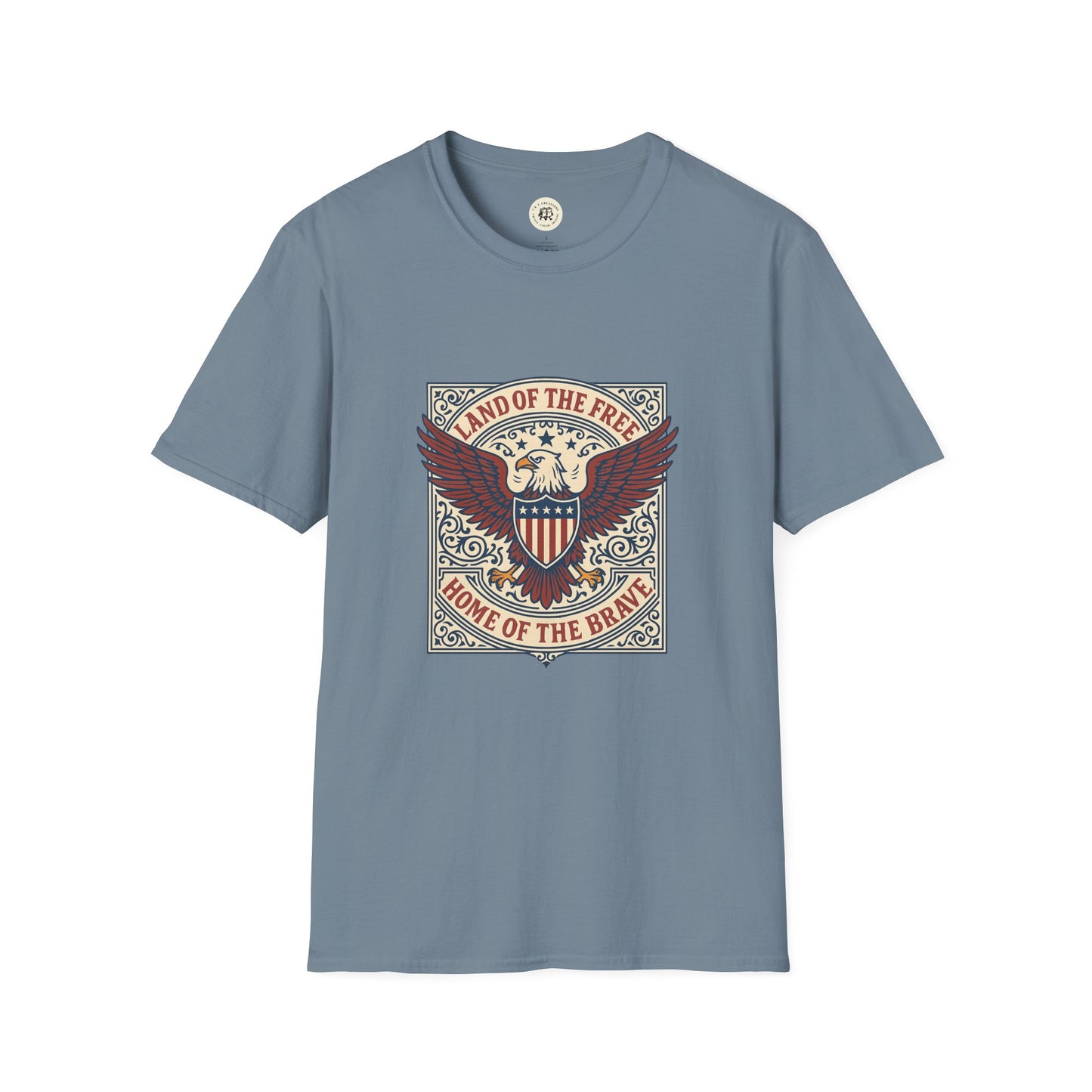 Patriotic unisex t-shirt with eagle and shield design and Land of the Free text