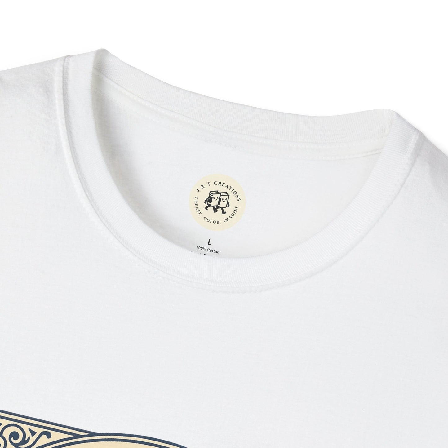 Close-up of a white patriotic unisex t-shirt collar and upper chest showing tag and fabric details