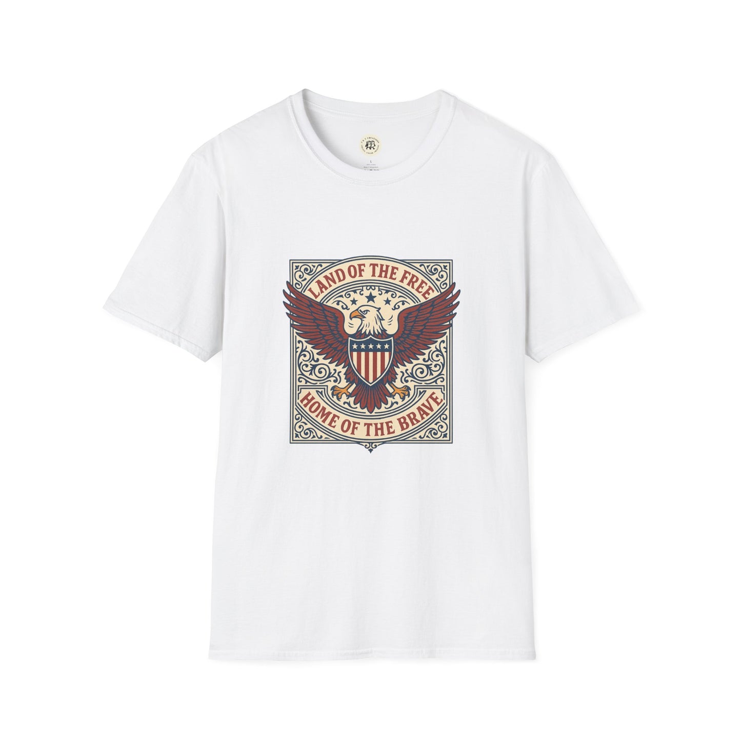 White patriotic unisex t-shirt with eagle and shield graphic reading land of the free home of the brave