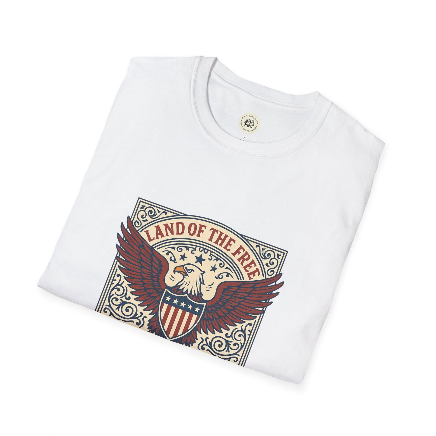 Printify patriotic unisex t-shirt in white with an eagle and shield design and Land of the Free text