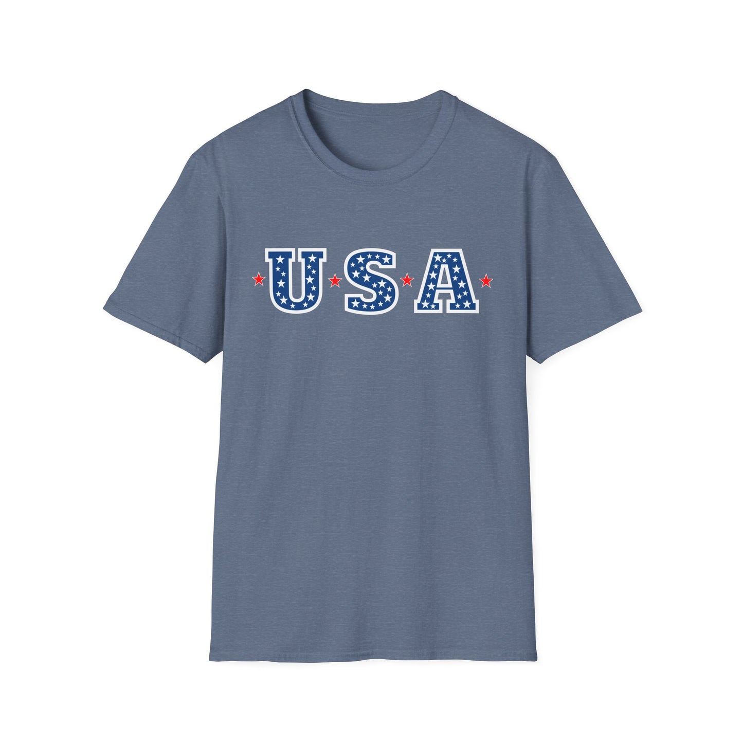 Blue Printify patriotic USA t-shirt with star-patterned USA letters and red stars on front