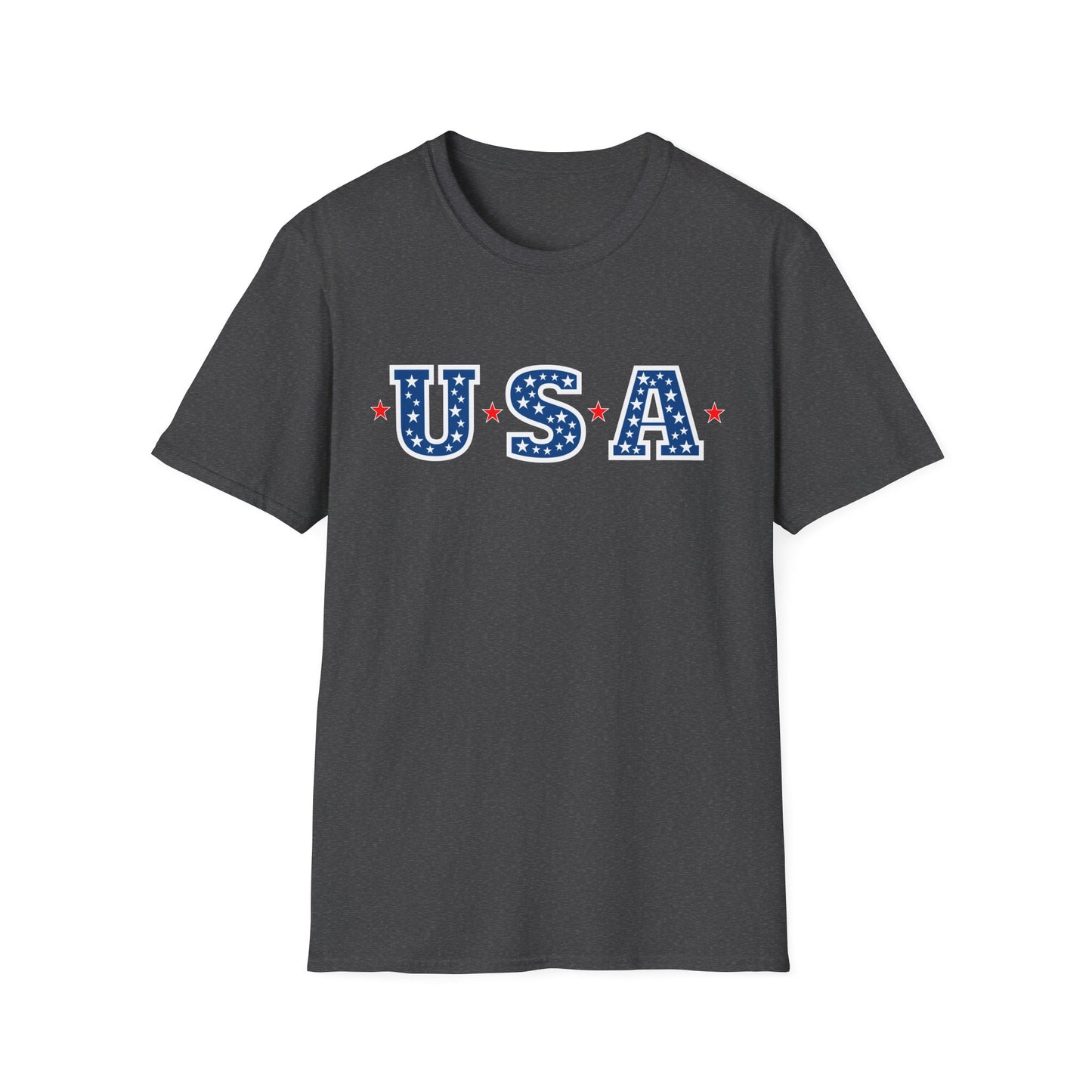 Printify dark gray patriotic USA t-shirt with blue and white star pattern letters and red stars