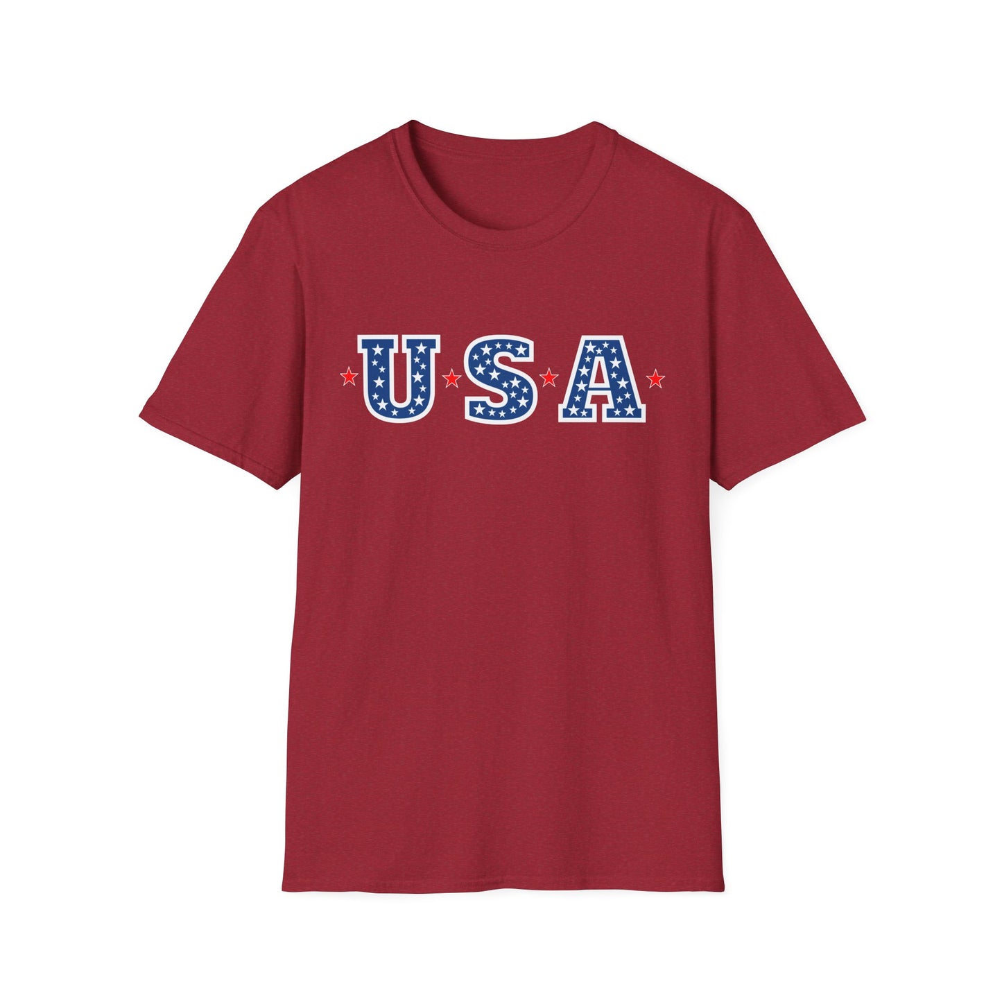 Red patriotic USA t-shirt with bold star-spangled USA text design on front