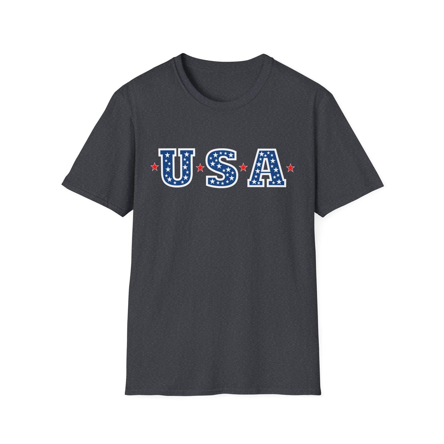 Black Printify patriotic USA t-shirt with blue and white star pattern letters and red stars
