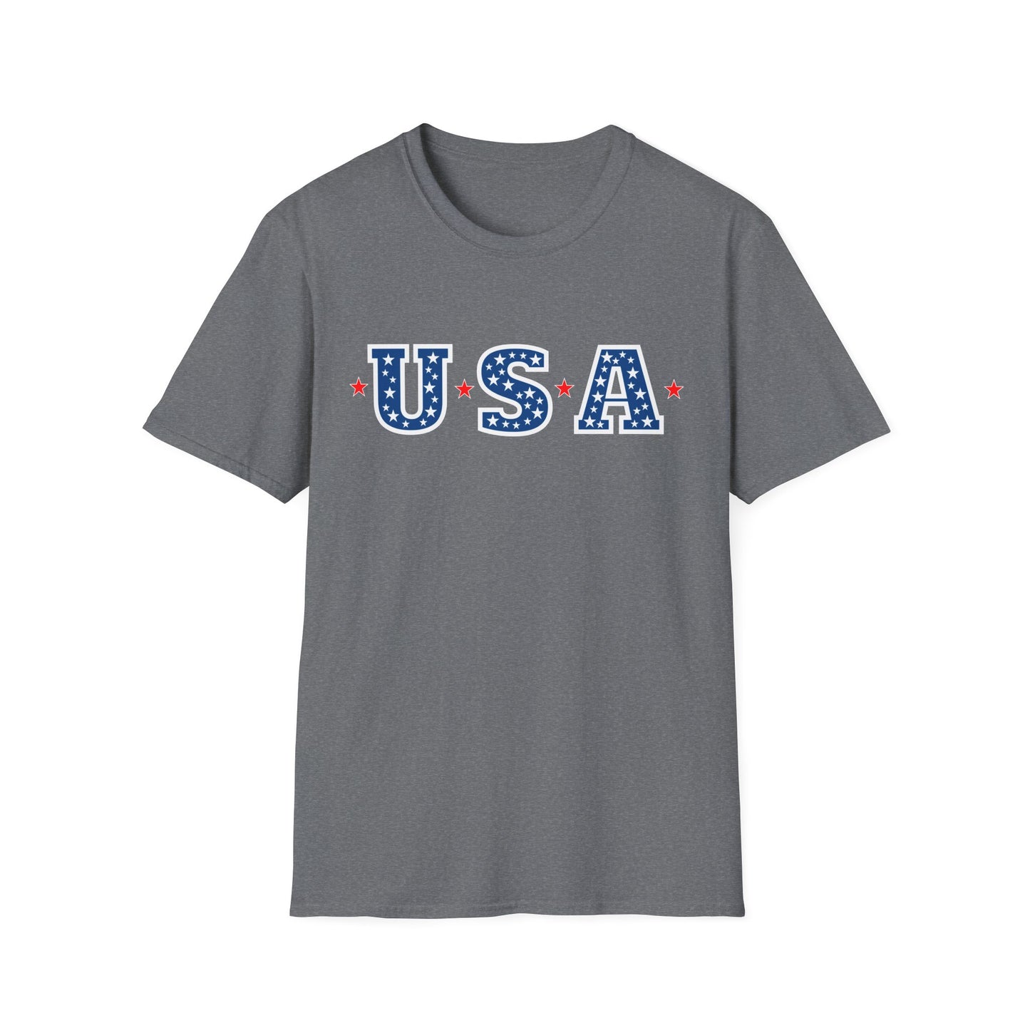 Gray Printify patriotic USA t-shirt with blue letters and white stars design