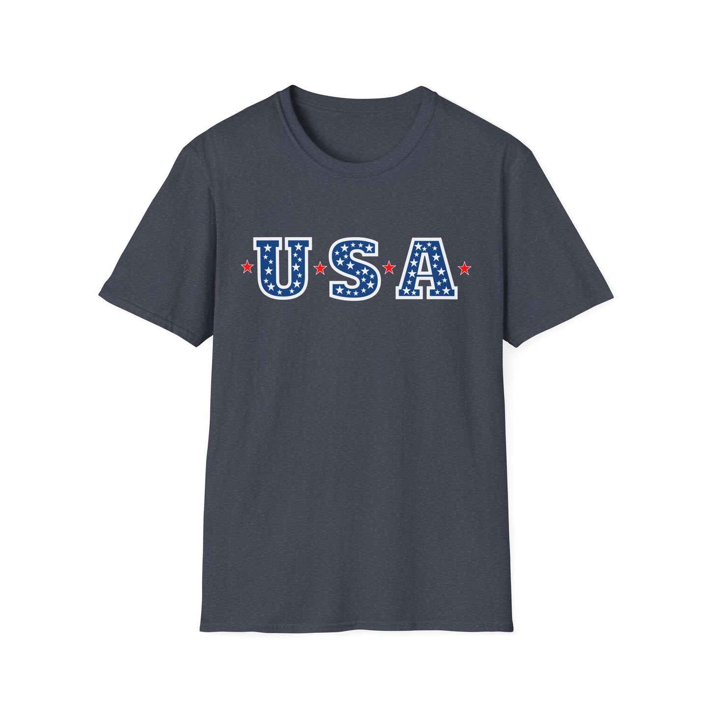 Printify patriotic USA t-shirt in dark blue with star-spangled USA lettering and red star accents