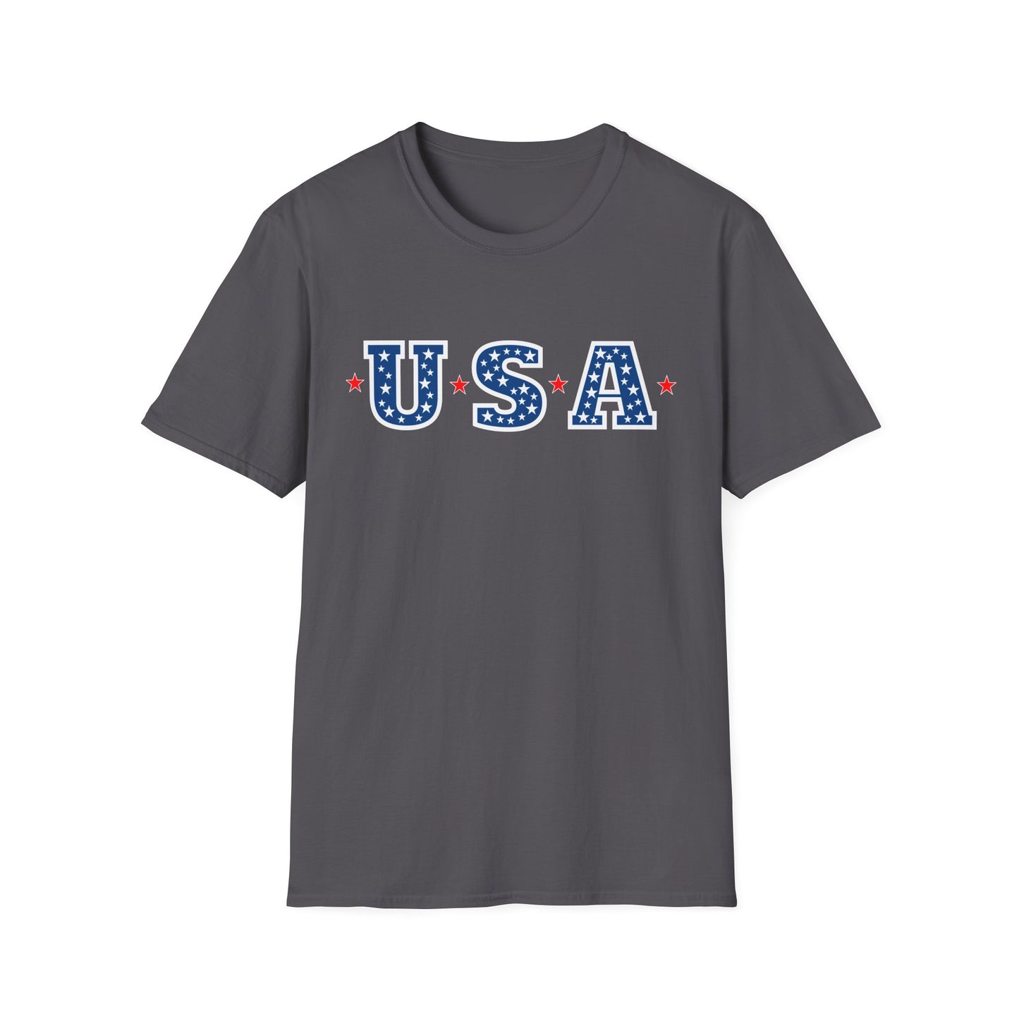 Printify patriotic USA t-shirt in gray with blue and white star-spangled USA letters and red stars