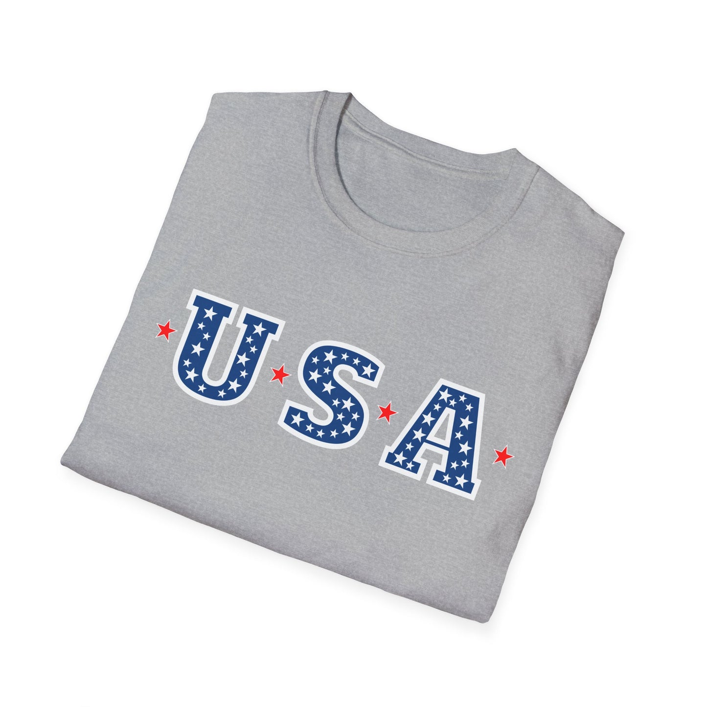Gray patriotic USA t-shirt with blue star-patterned letters and red stars folded neatly