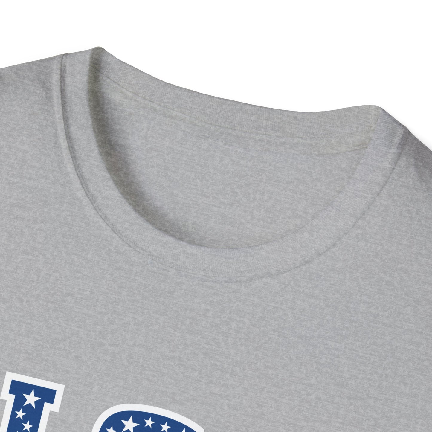 Gray patriotic USA t-shirt by Printify with a close-up of the neckline and partial star-spangled design