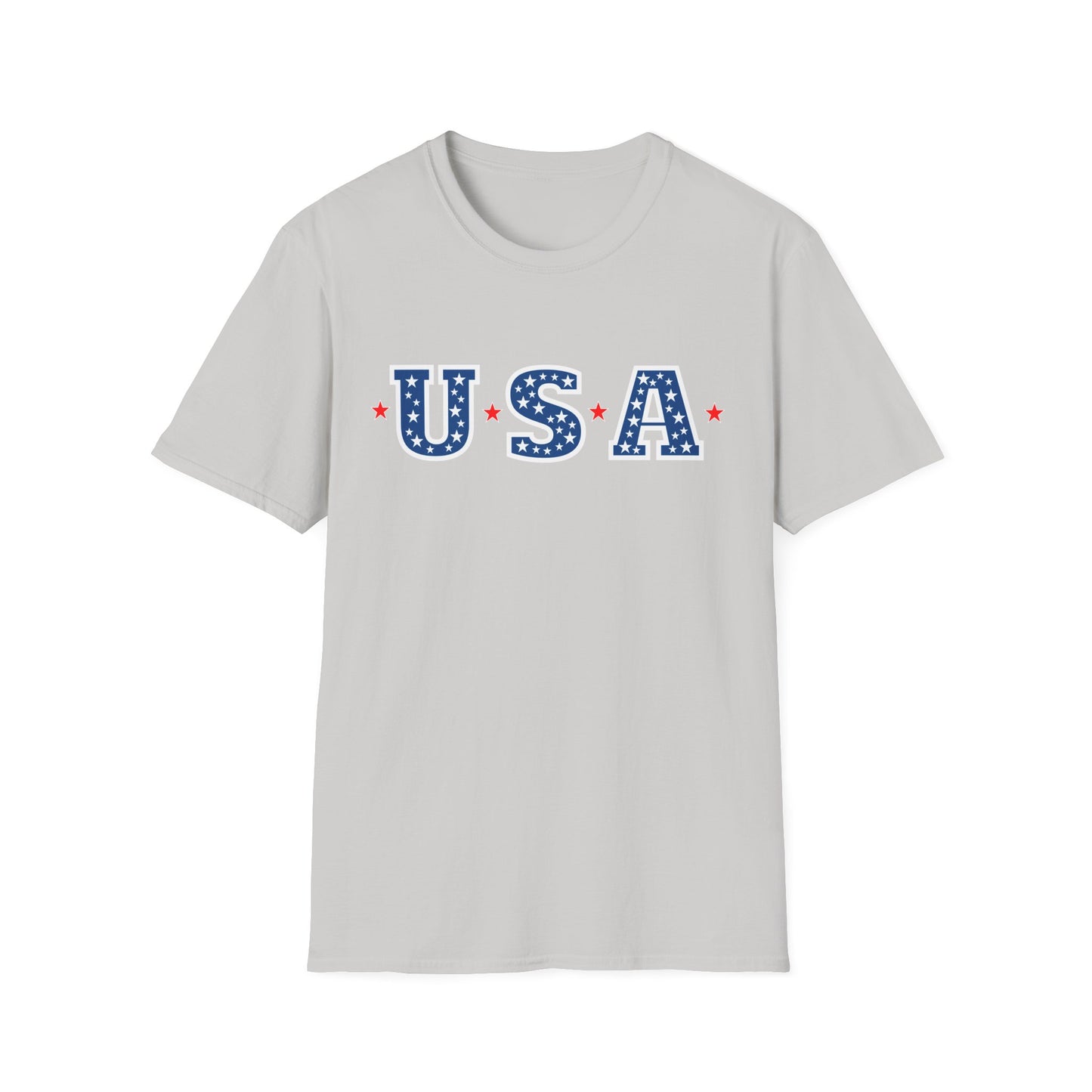 Light gray Printify patriotic USA t-shirt with blue USA letters and white stars design