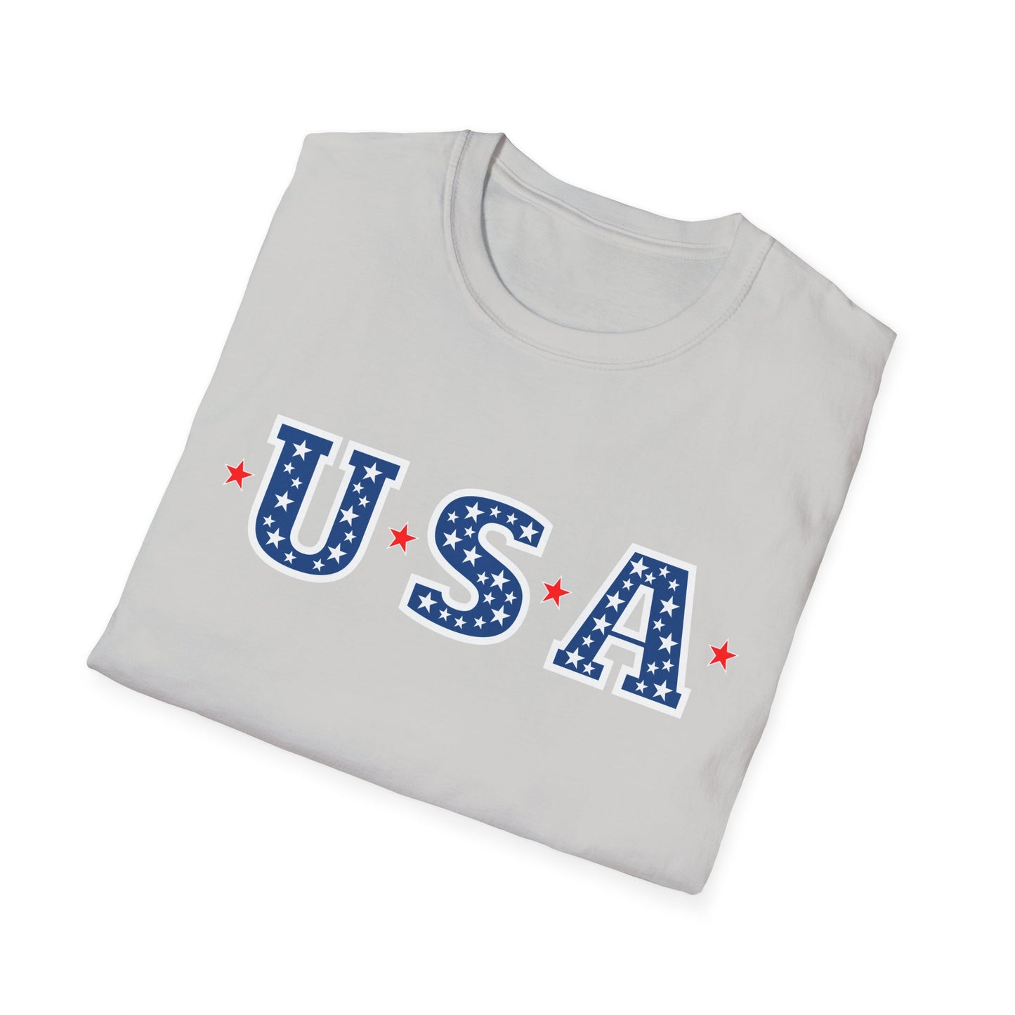 Folded gray Printify patriotic USA t-shirt with blue star-spangled USA letters and red stars