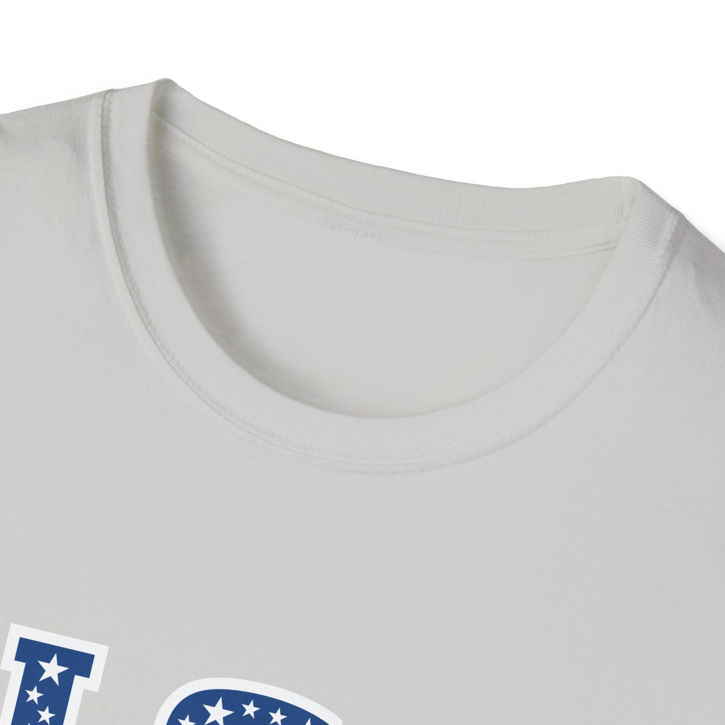 Close-up of white Printify patriotic USA t-shirt collar and partial star pattern design