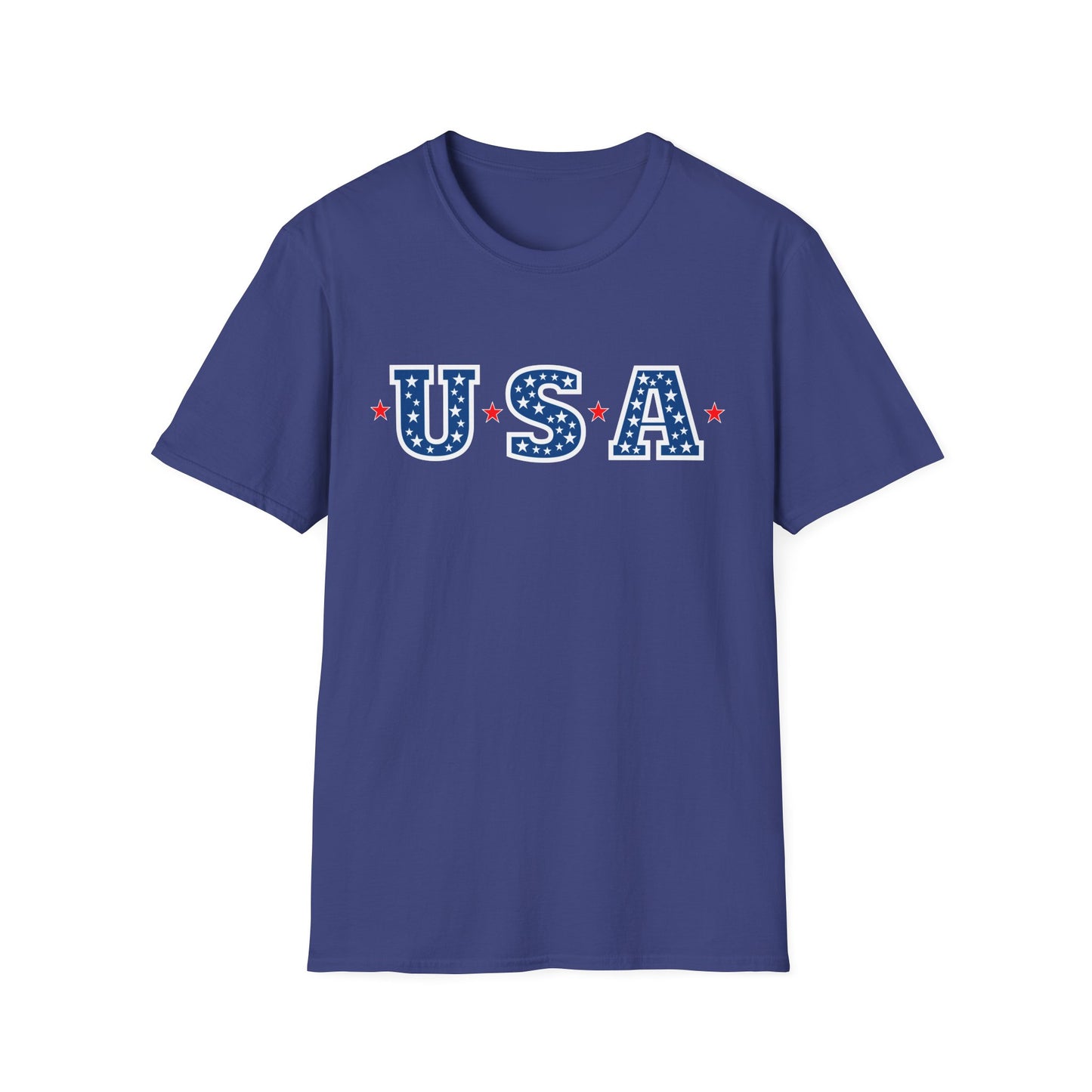 Blue patriotic USA t-shirt with white star-spangled letters and red stars by Printify
