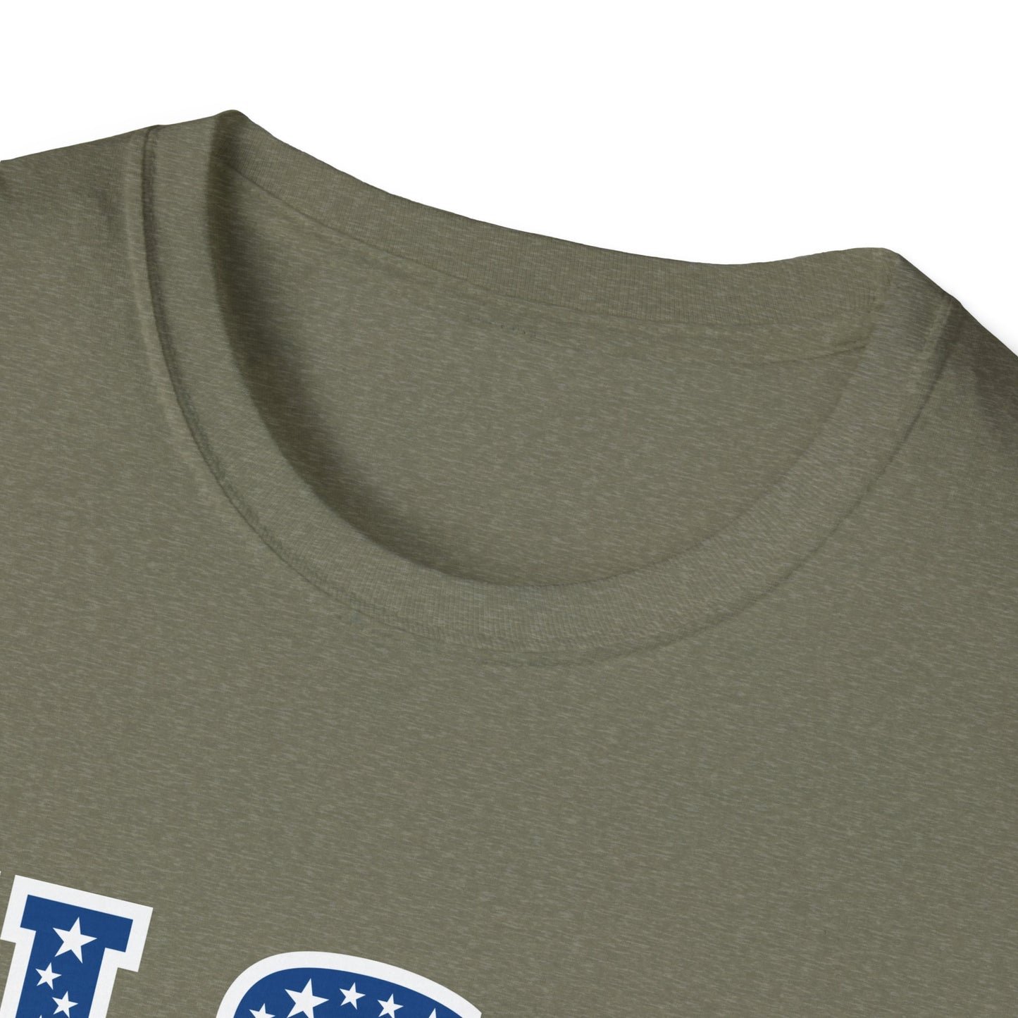 Close-up of olive green patriotic USA t-shirt collar with white and blue star design print