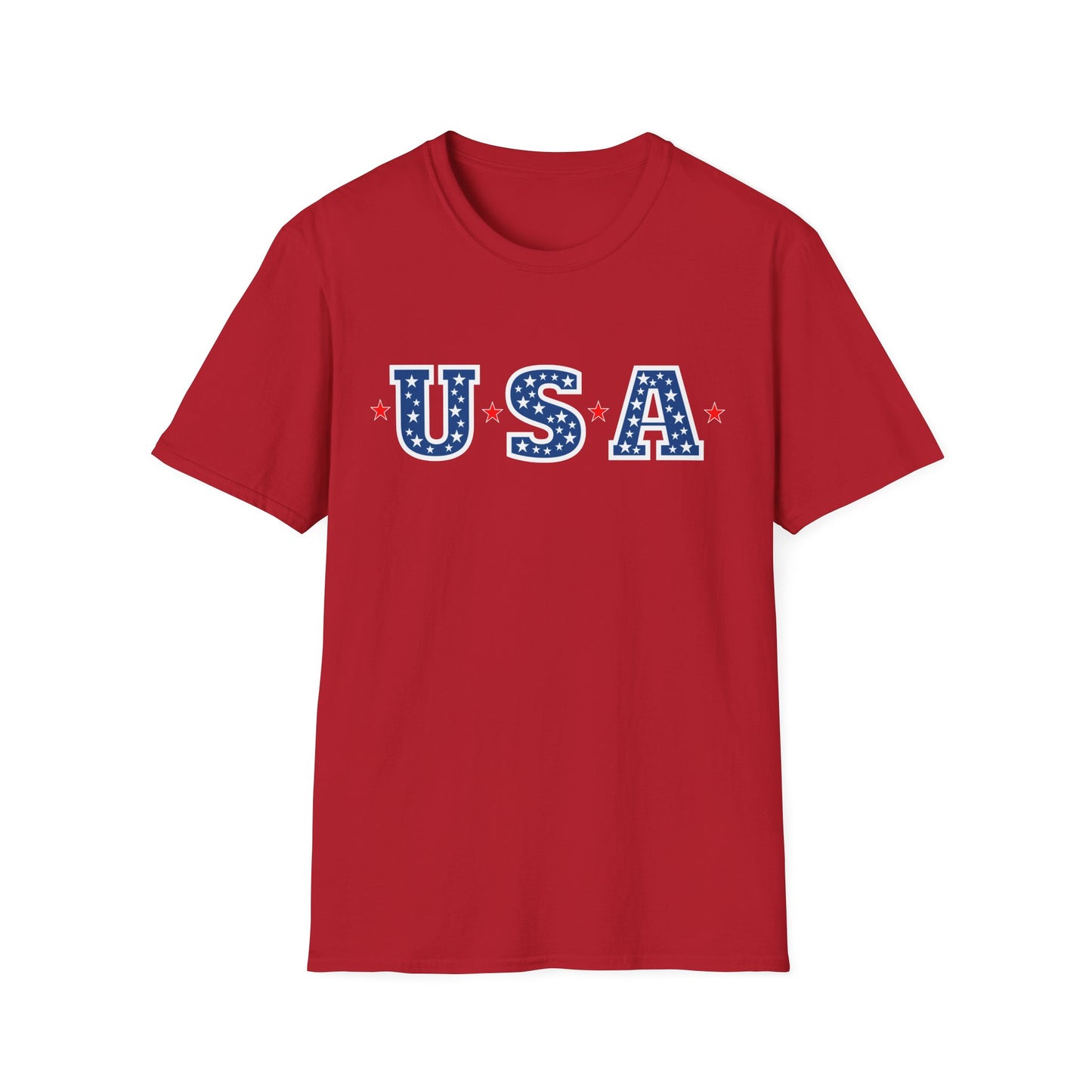 Red patriotic USA t-shirt with blue and white star-spangled letters spelling USA from Printify