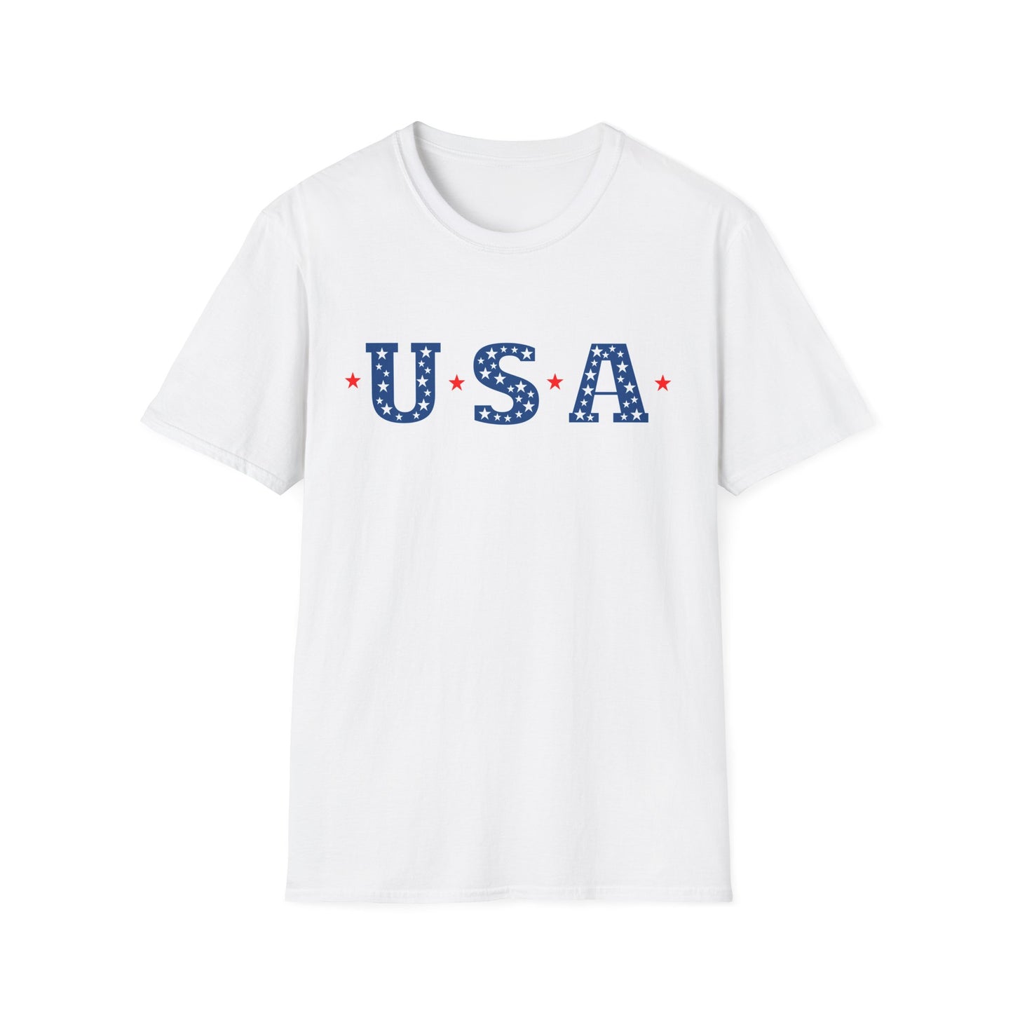 White patriotic USA t-shirt with blue star-patterned letters and red stars printed on front