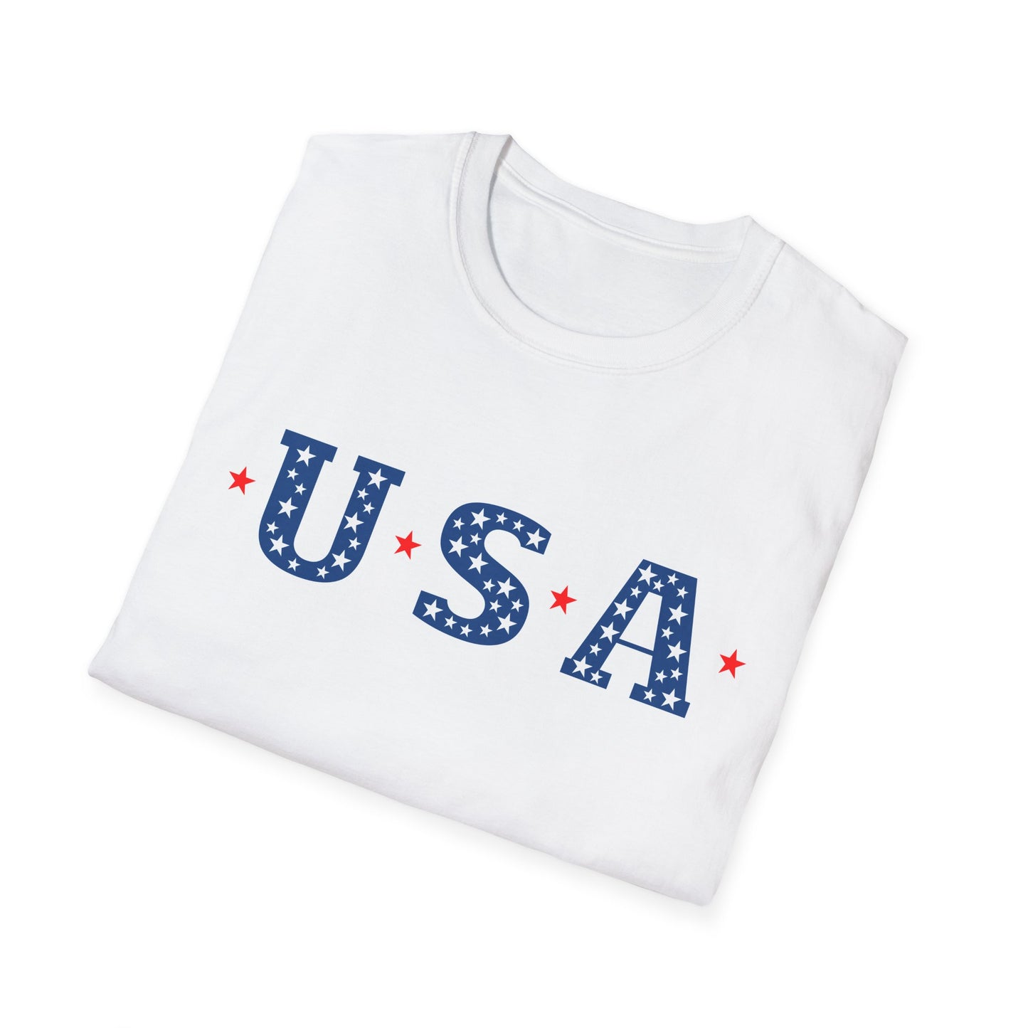 White patriotic USA t-shirt with blue stars and red accents folded neatly