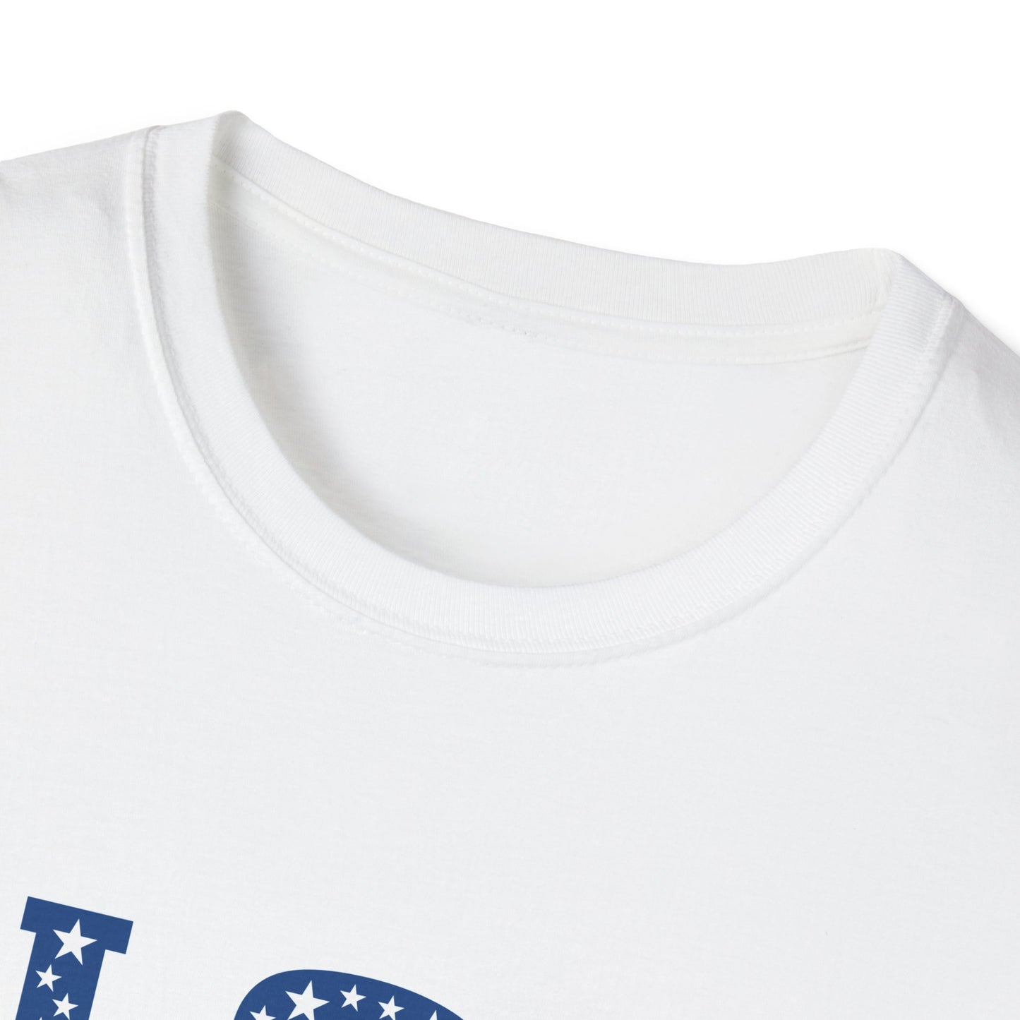 White Printify patriotic USA t-shirt with blue star design near the neckline