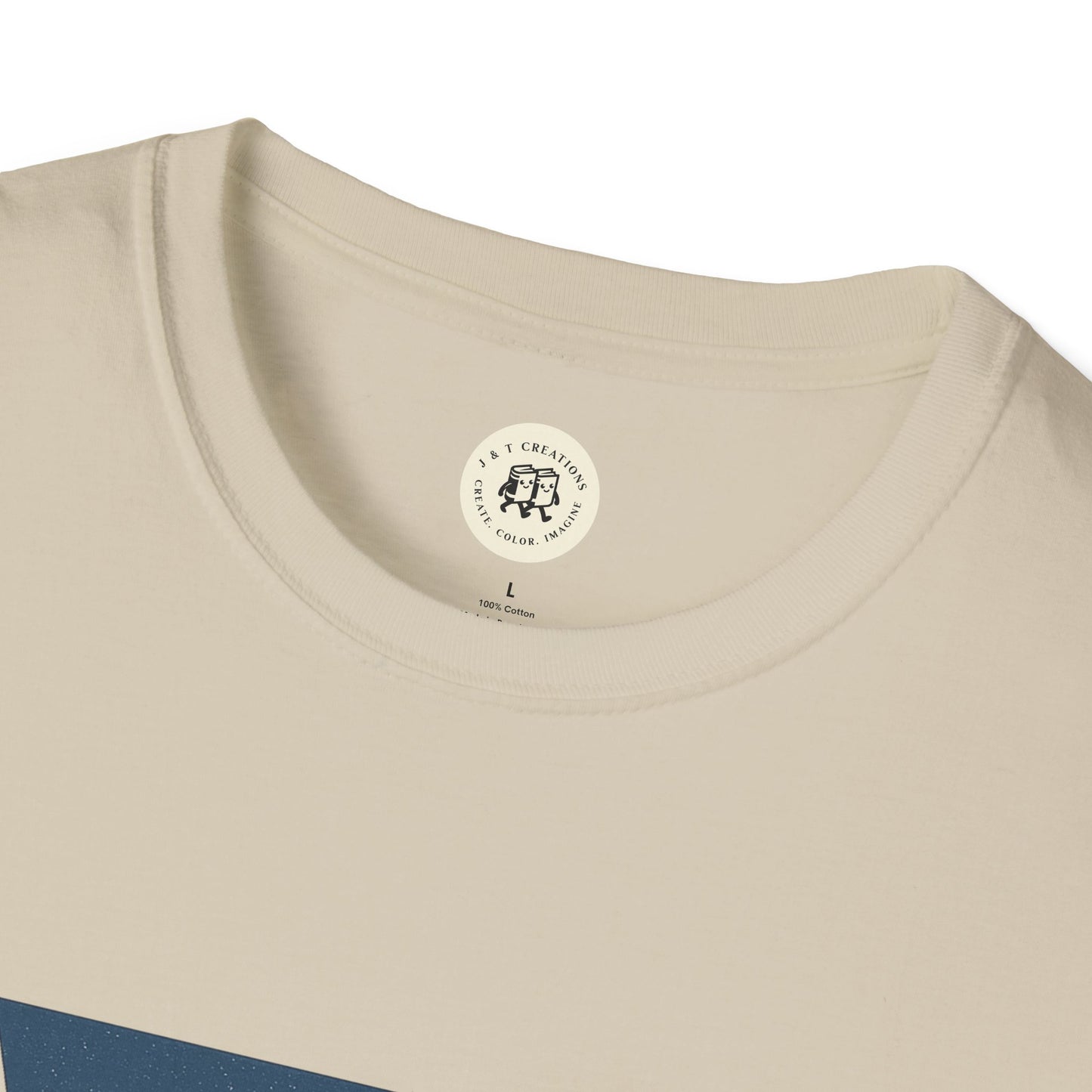 Close-up of beige Printify Pennsylvania keystone USA t-shirt with round neckline and tag label
