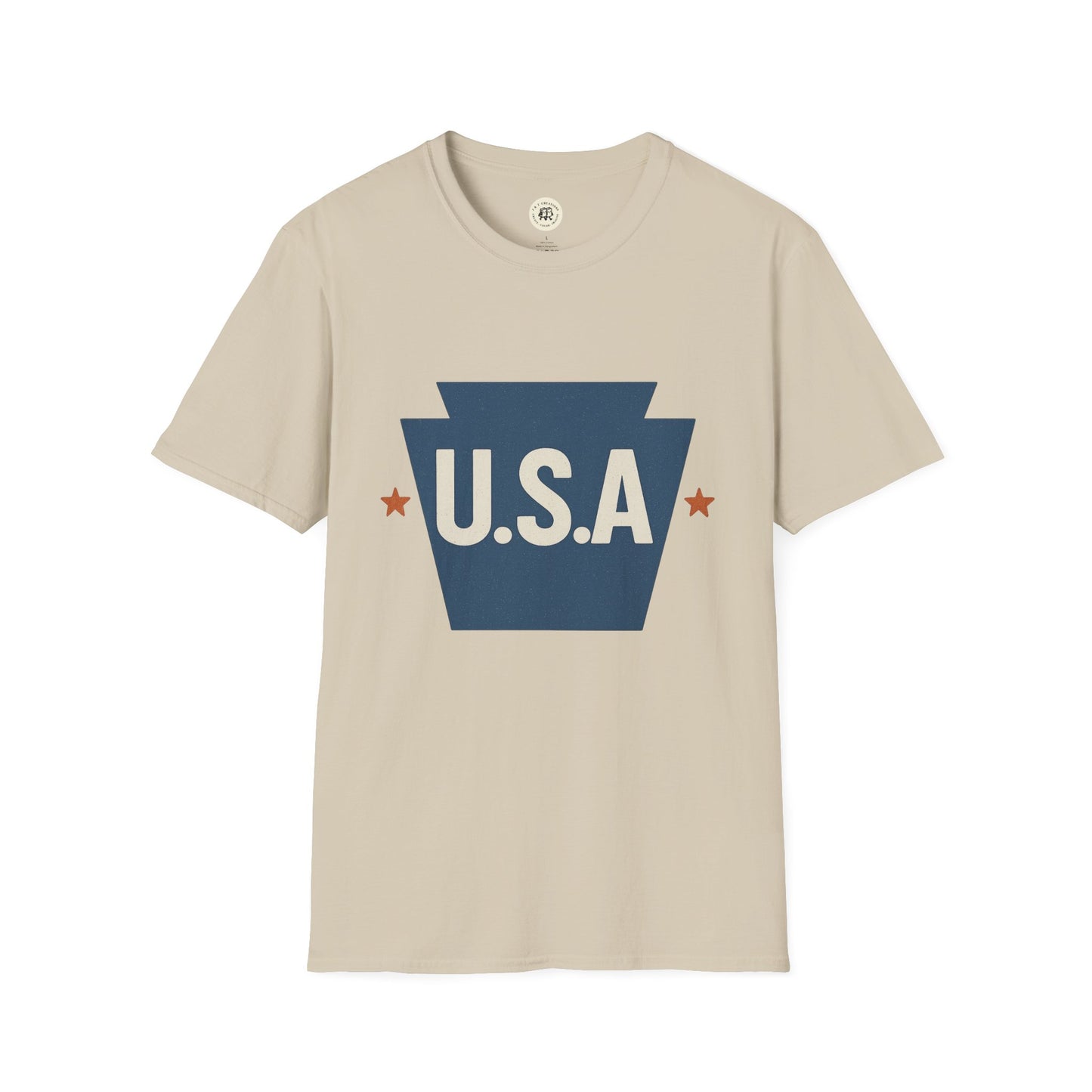 Printify beige Pennsylvania keystone USA t-shirt with navy blue keystone and U.S.A text