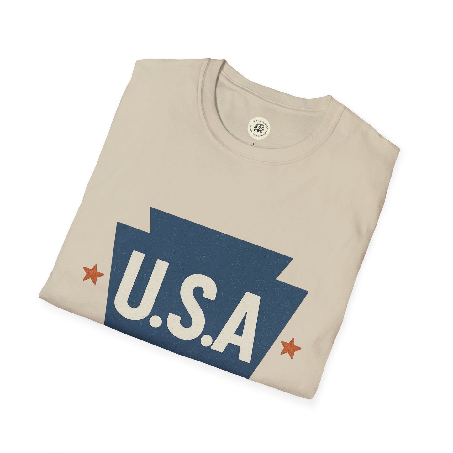 Printify Pennsylvania keystone USA t-shirt in beige with blue keystone graphic and red stars