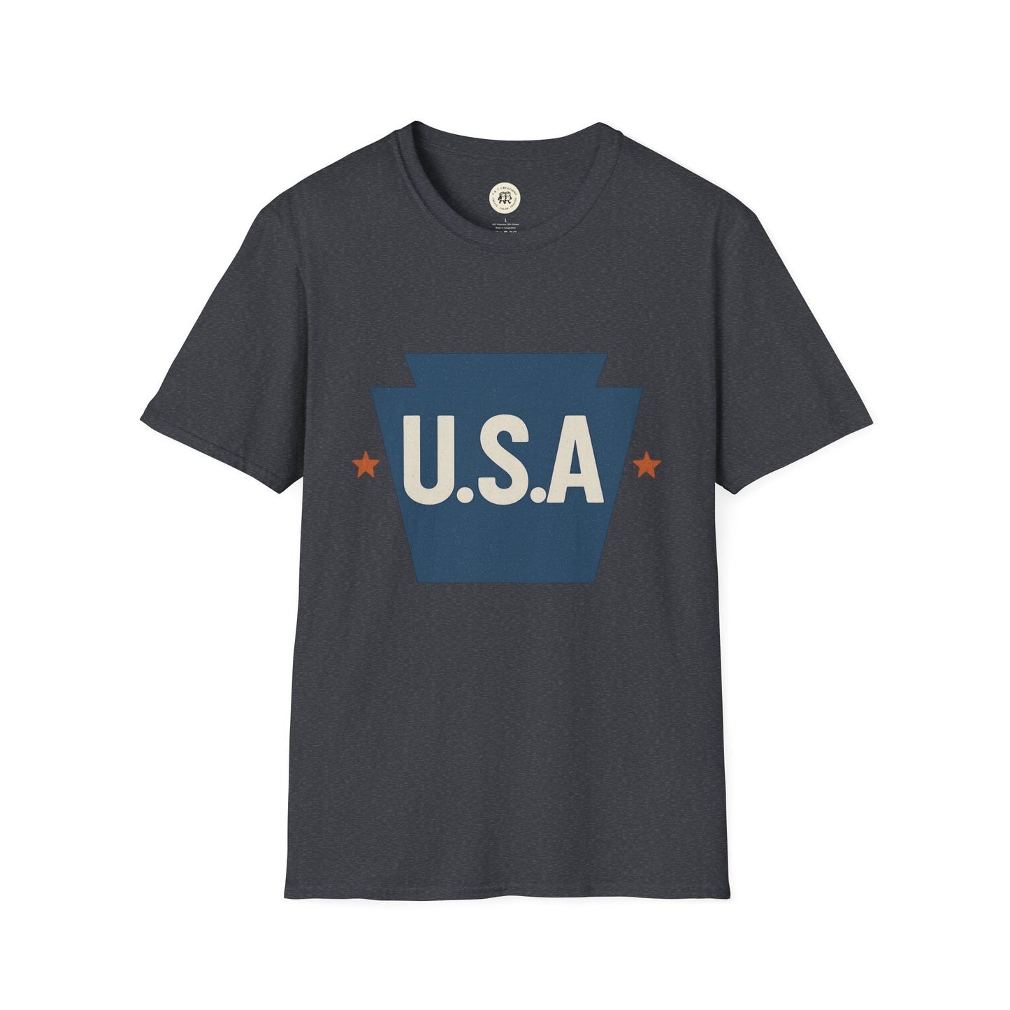 Printify Pennsylvania keystone USA t-shirt with blue keystone and U.S.A text on black cotton fabric