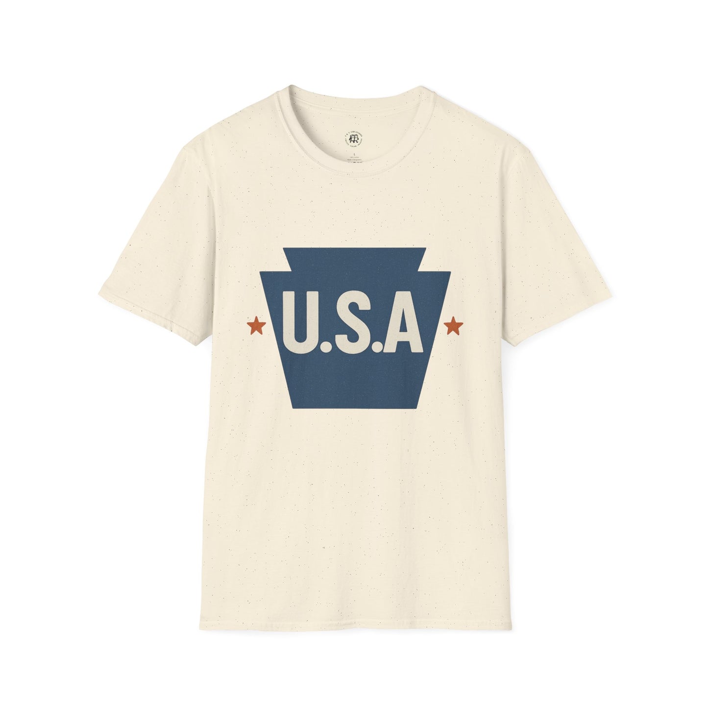 Printify cream t-shirt with Pennsylvania keystone USA t-shirt design featuring blue keystone and U.S.A text